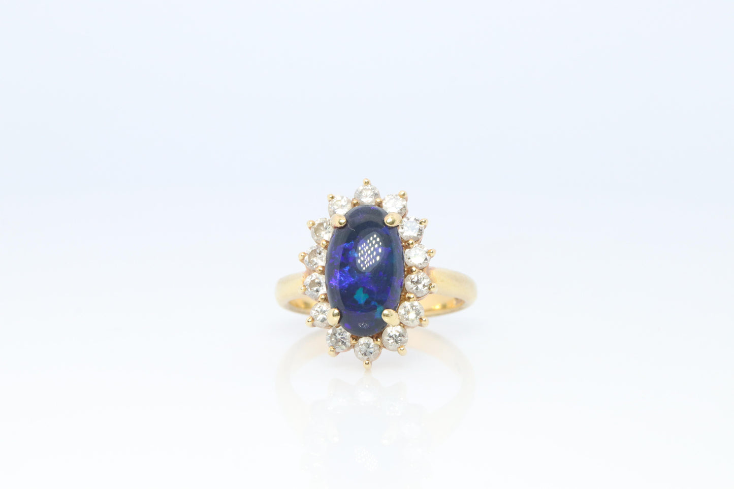 Black Opal Diamond Ring. 18k Yelow Gold Opal Diamond Halo Ballerina Ring Band.