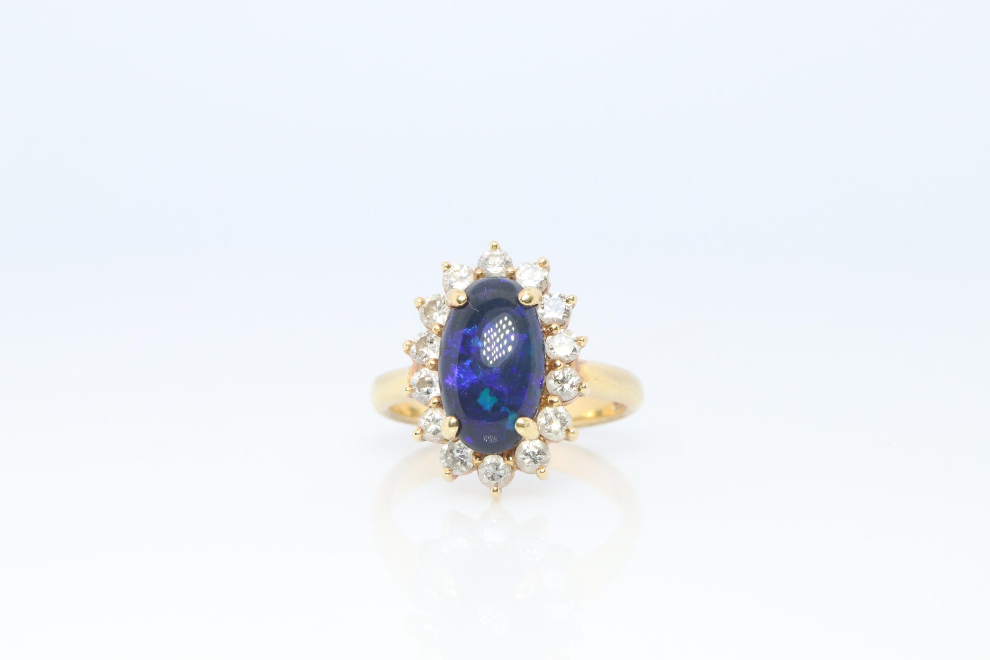 Black Opal Diamond Ring. 18k Yelow Gold Opal Diamond Halo Ballerina Ring Band.