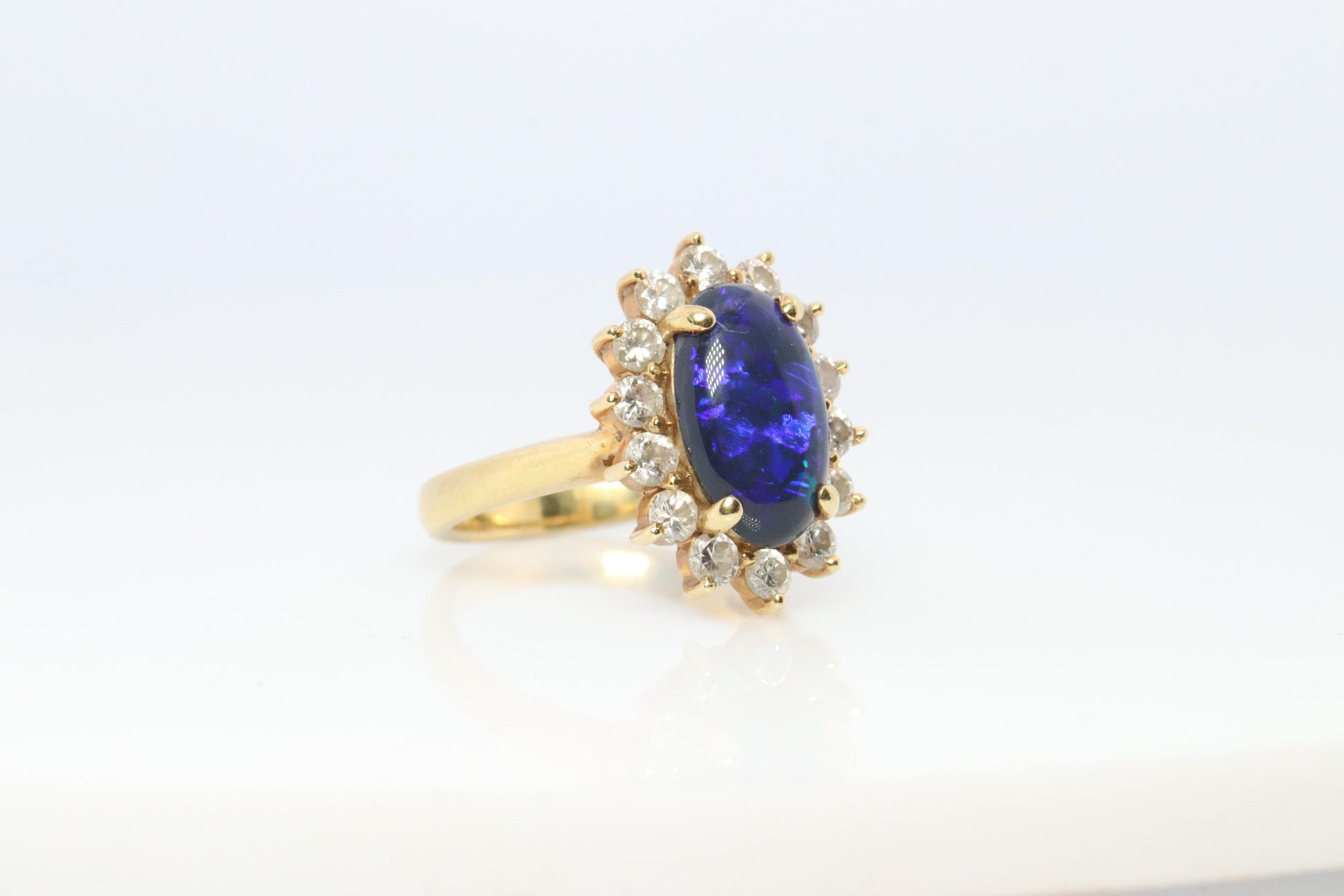 Black Opal Diamond Ring. 18k Yelow Gold Opal Diamond Halo Ballerina Ring Band.