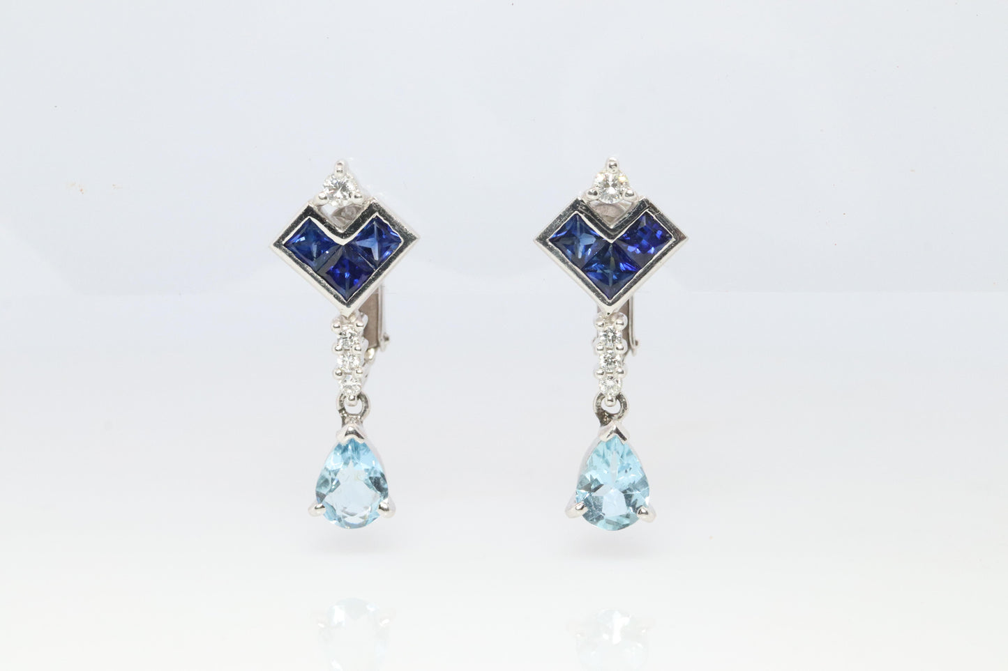 Sapphire Aquamarine Dangle Earrings. Platinum PT950 Unpierced Clip On Earrings