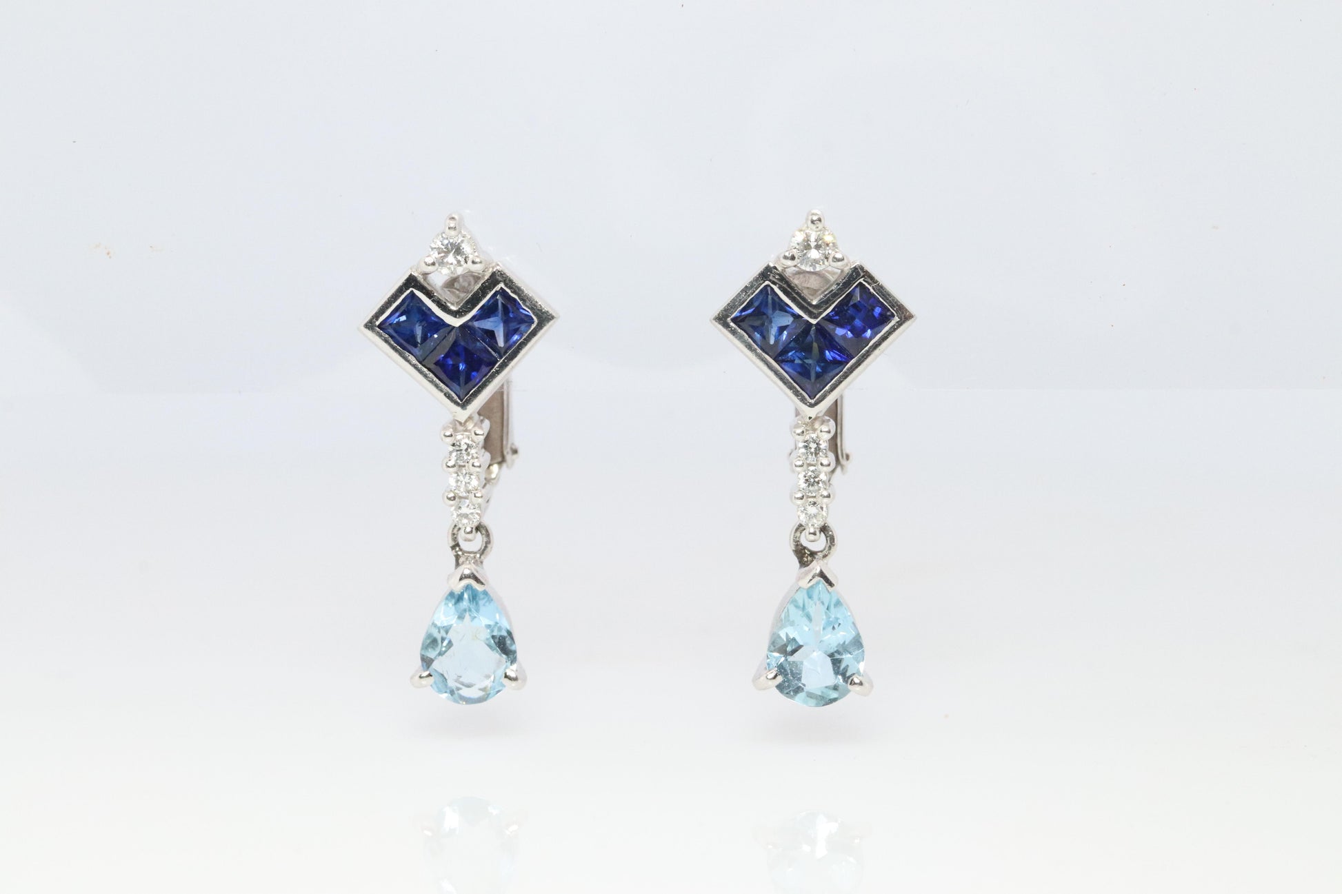 Sapphire Aquamarine Dangle Earrings. Platinum PT950 Unpierced Clip On Earrings