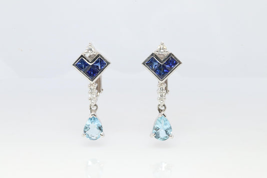 Sapphire Aquamarine Dangle Earrings. Platinum PT950 Unpierced Clip On Earrings