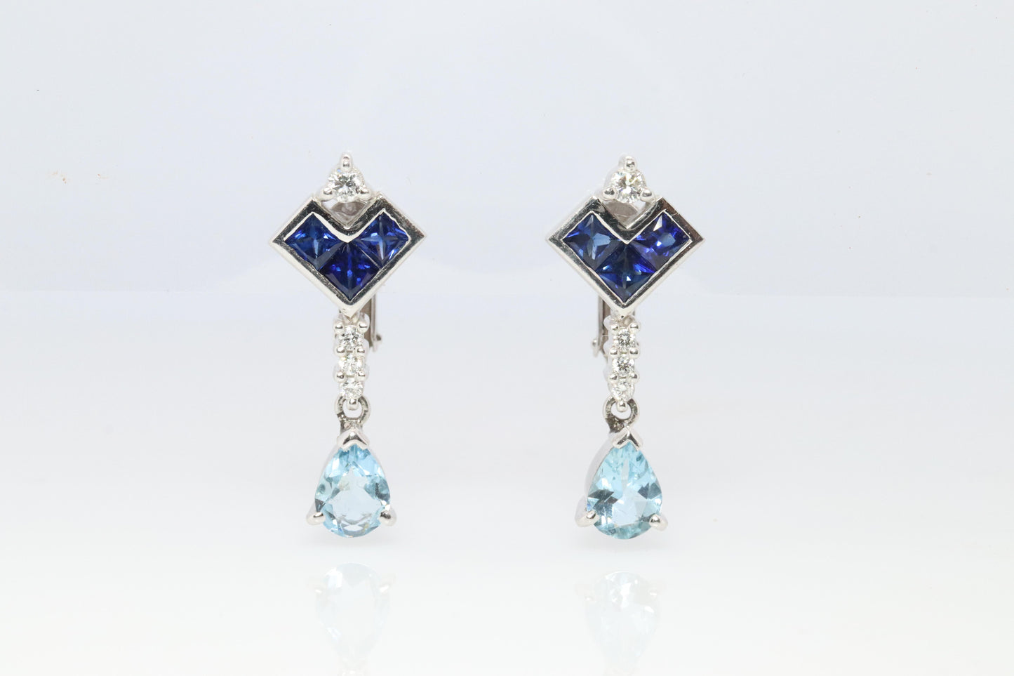 Sapphire Aquamarine Dangle Earrings. Platinum PT950 Unpierced Clip On Earrings