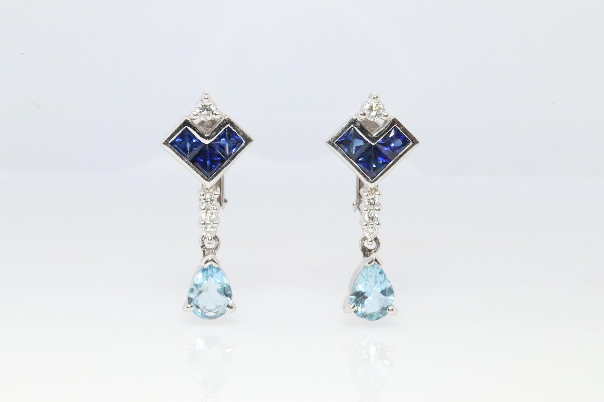 Sapphire Aquamarine Dangle Earrings. Platinum PT950 Unpierced Clip On Earrings