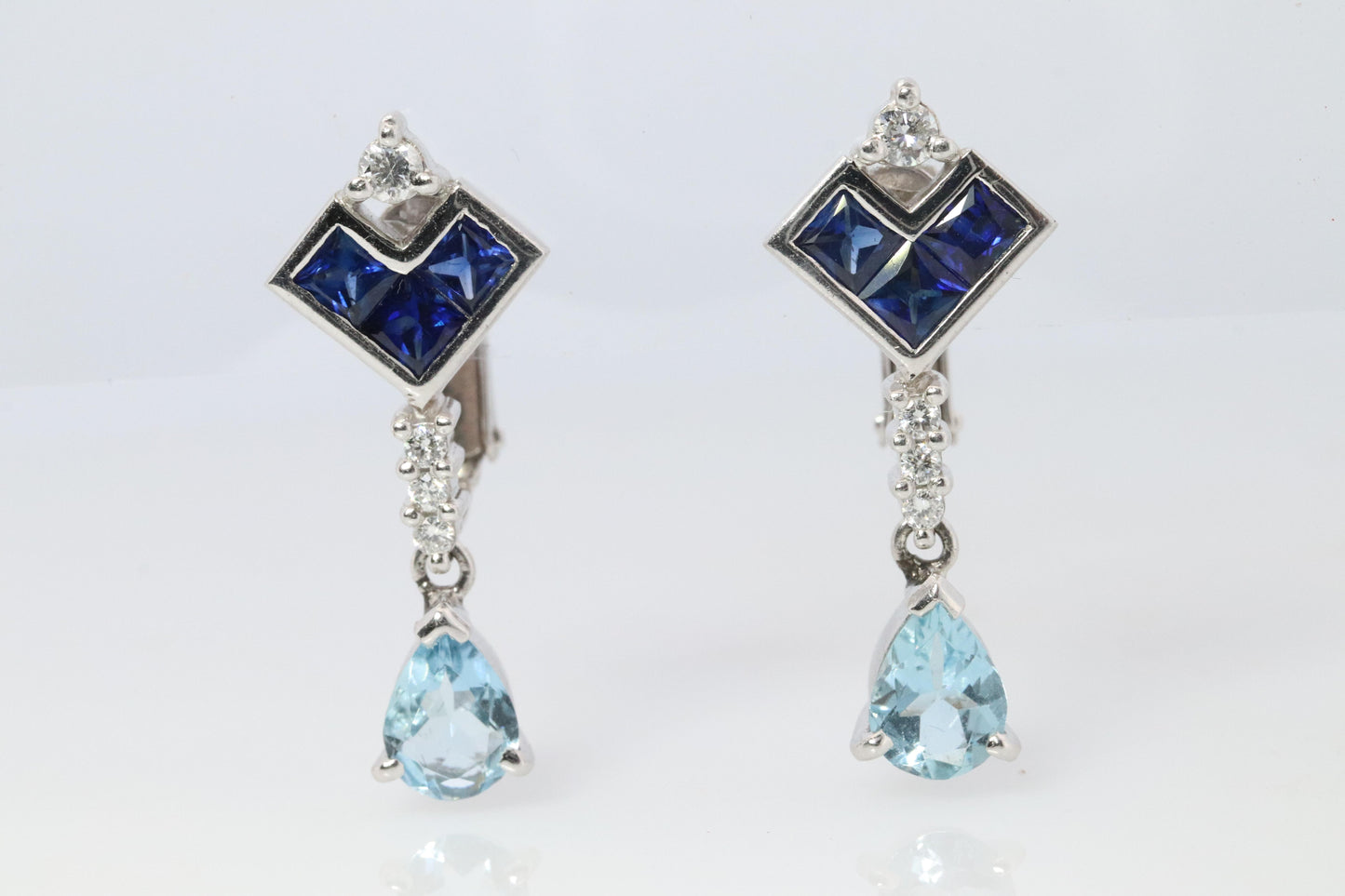 Sapphire Aquamarine Dangle Earrings. Platinum PT950 Unpierced Clip On Earrings