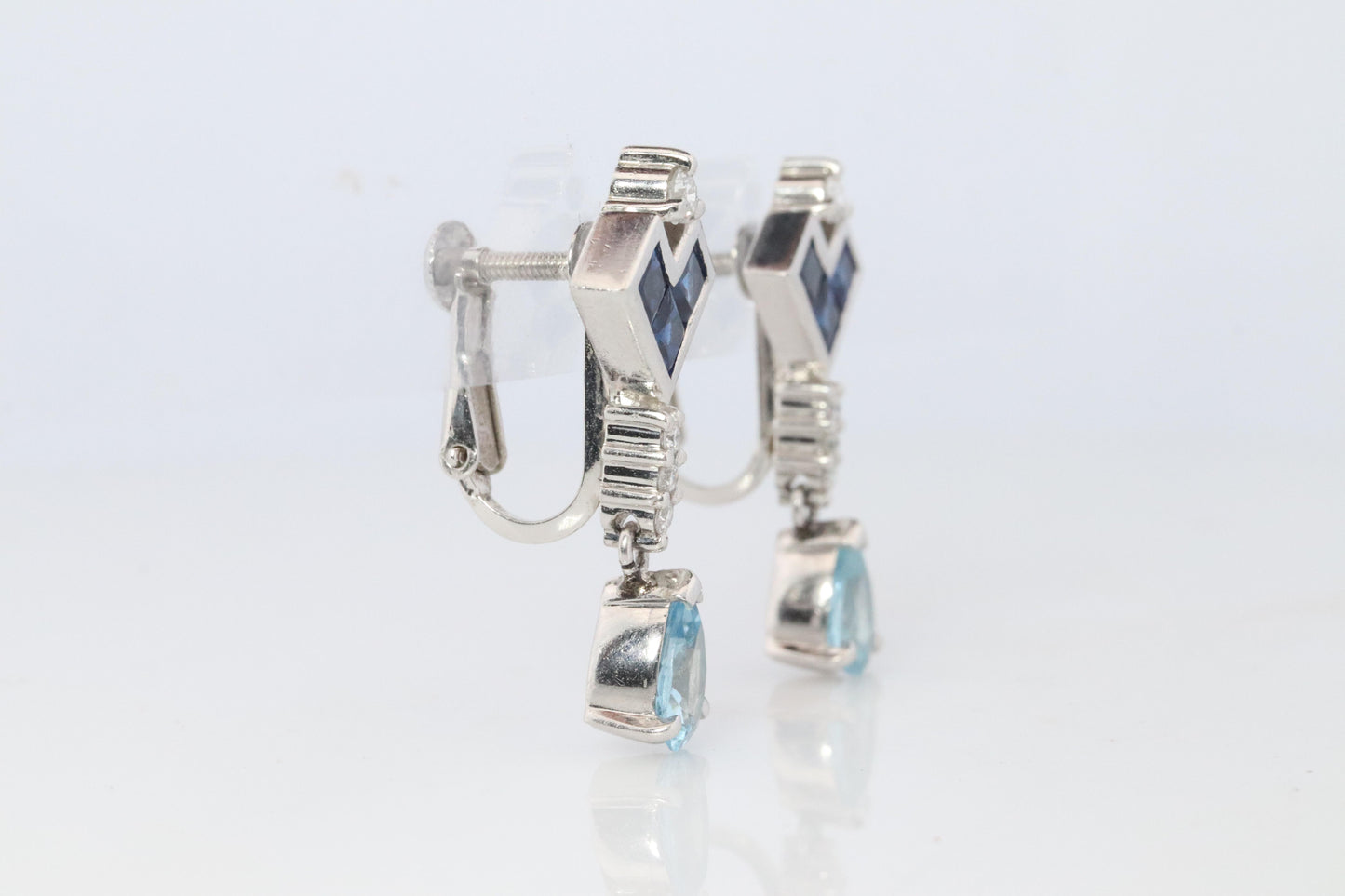 Sapphire Aquamarine Dangle Earrings. Platinum PT950 Unpierced Clip On Earrings
