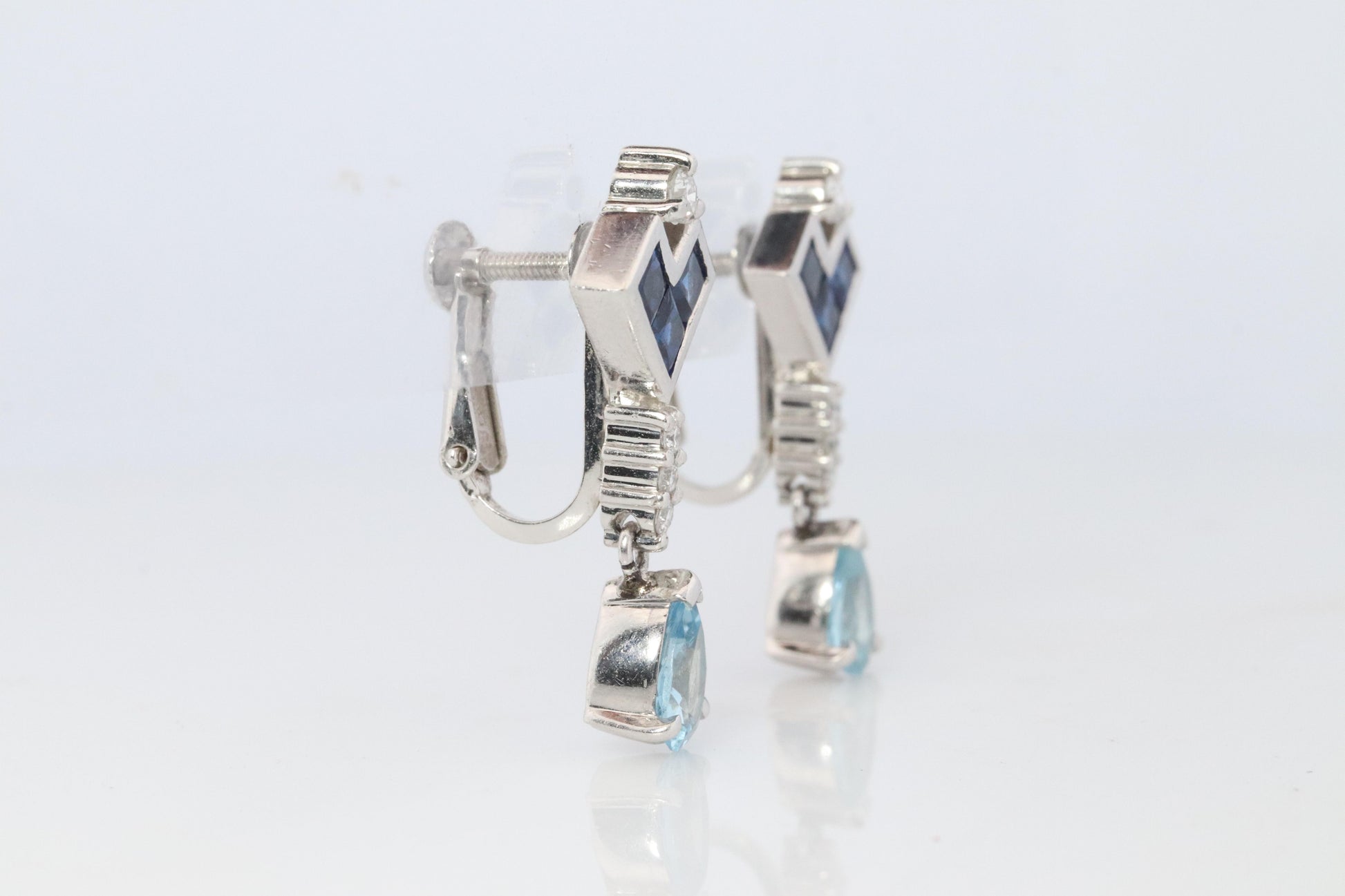 Sapphire Aquamarine Dangle Earrings. Platinum PT950 Unpierced Clip On Earrings