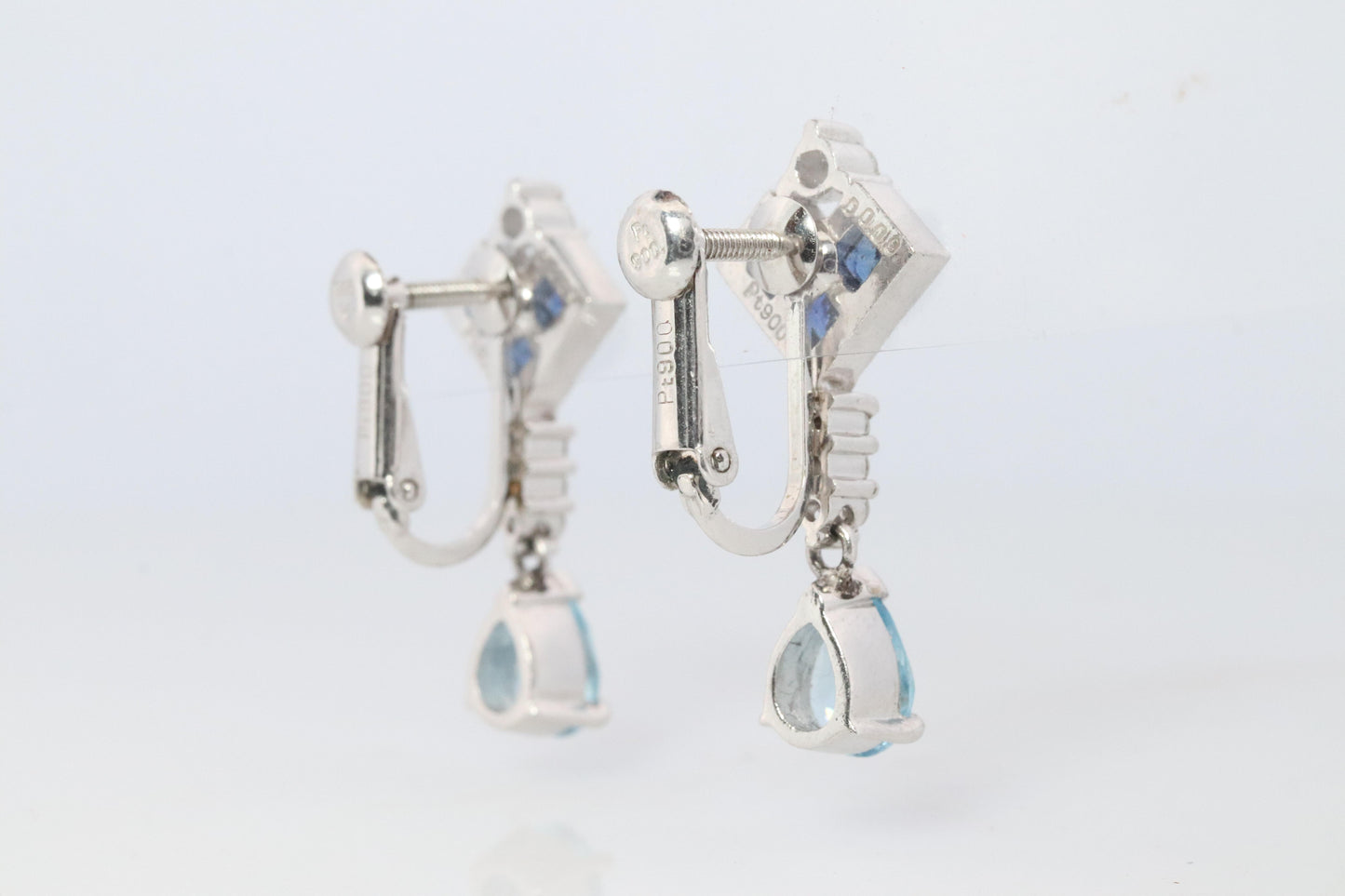 Sapphire Aquamarine Dangle Earrings. Platinum PT950 Unpierced Clip On Earrings