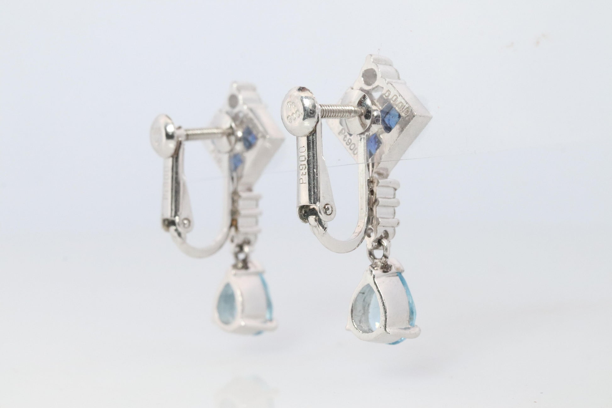 Sapphire Aquamarine Dangle Earrings. Platinum PT950 Unpierced Clip On Earrings