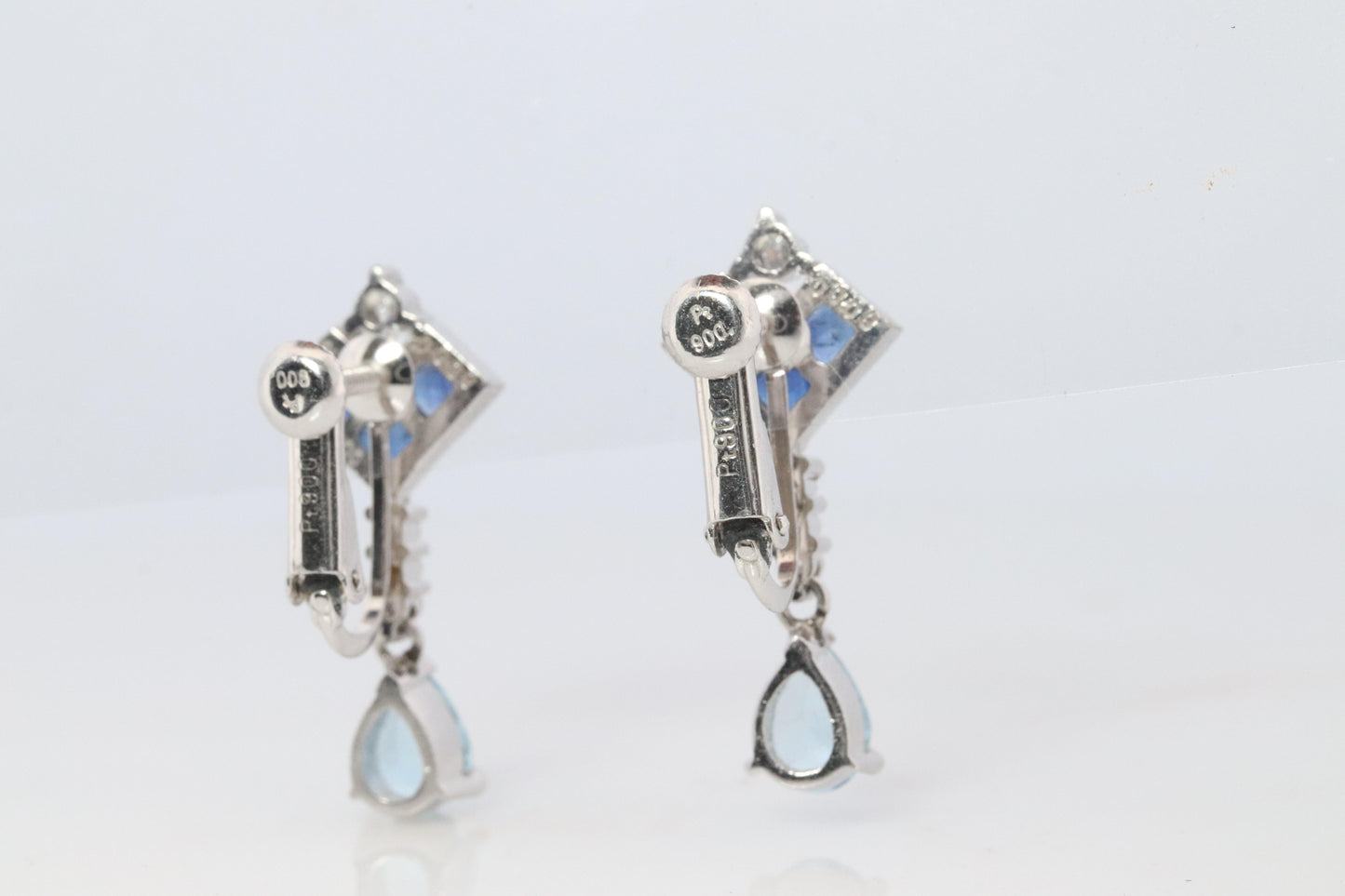 Sapphire Aquamarine Dangle Earrings. Platinum PT950 Unpierced Clip On Earrings