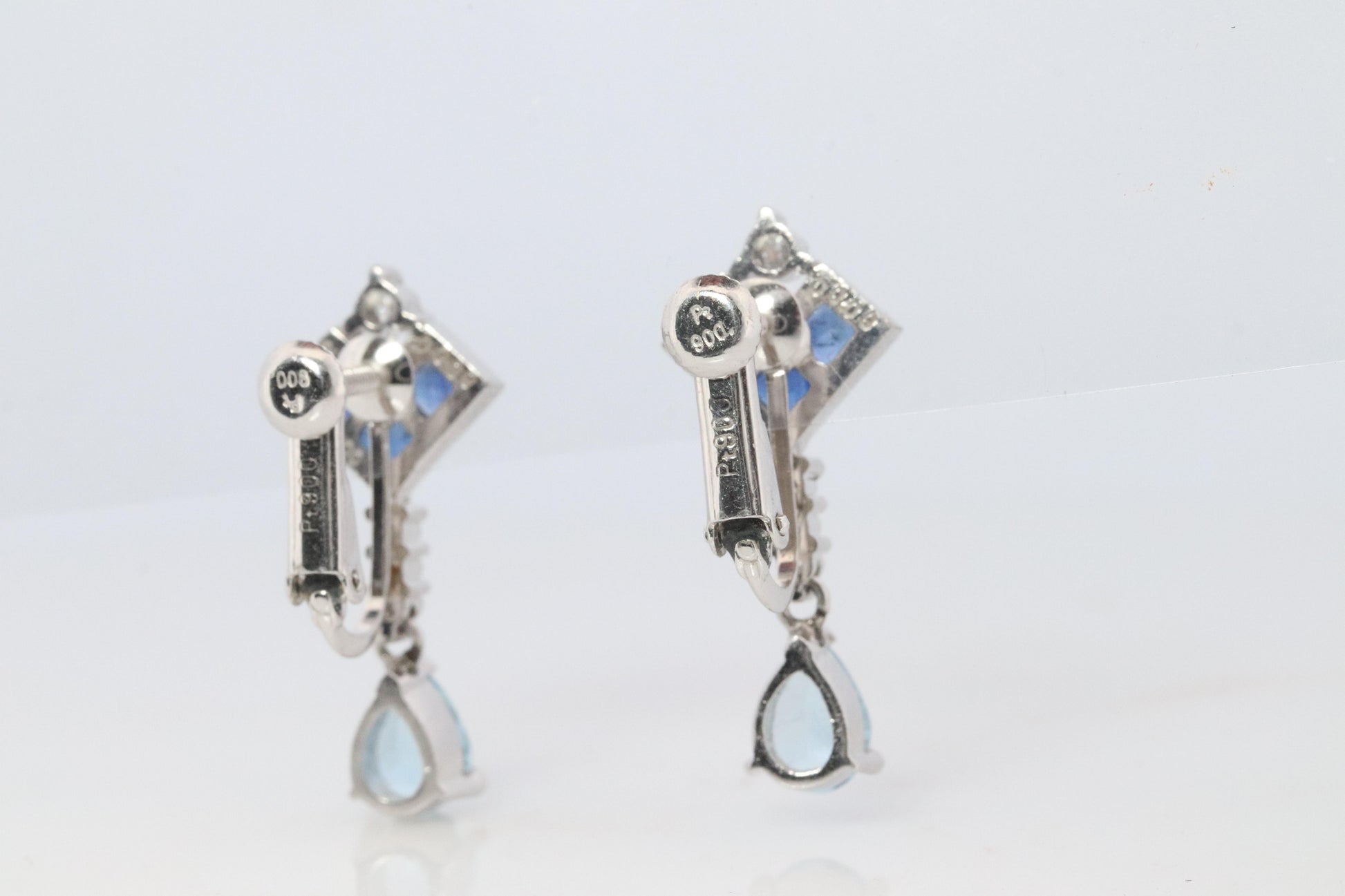 Sapphire Aquamarine Dangle Earrings. Platinum PT950 Unpierced Clip On Earrings