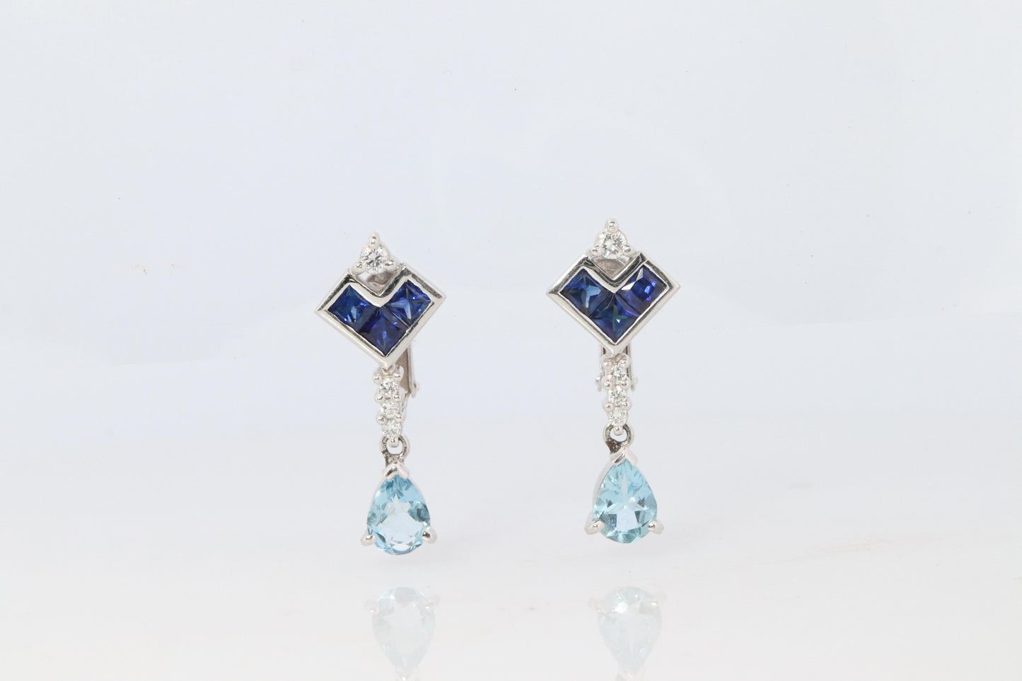 Sapphire Aquamarine Dangle Earrings. Platinum PT950 Unpierced Clip On Earrings