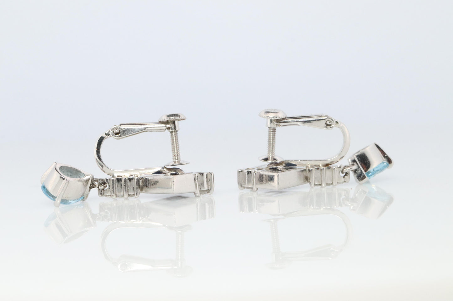 Sapphire Aquamarine Dangle Earrings. Platinum PT950 Unpierced Clip On Earrings
