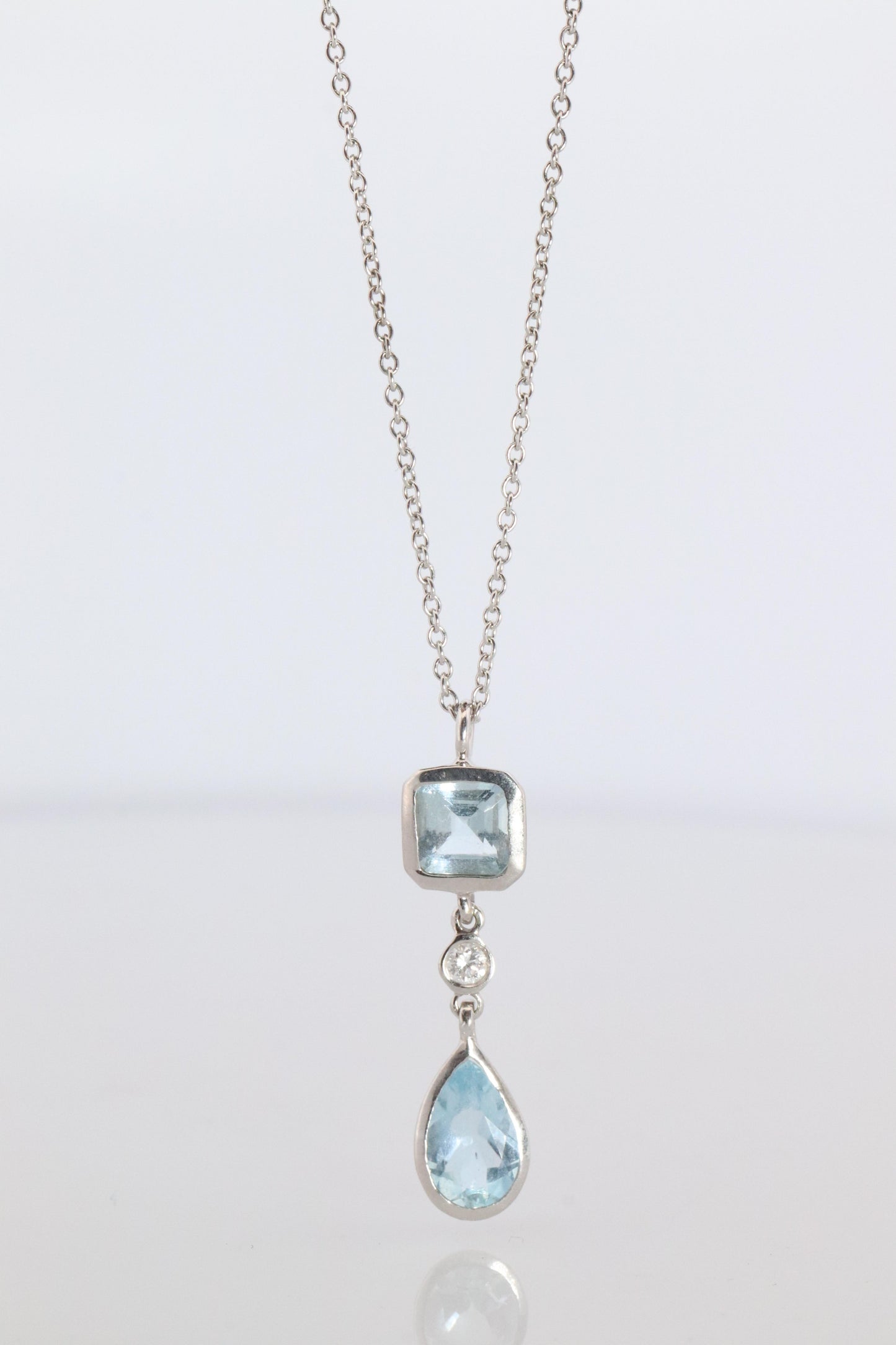 Genuine Tiffany and Co Aquamarine Necklace. 18k WG Tiffany Aqua Diamond Pendant