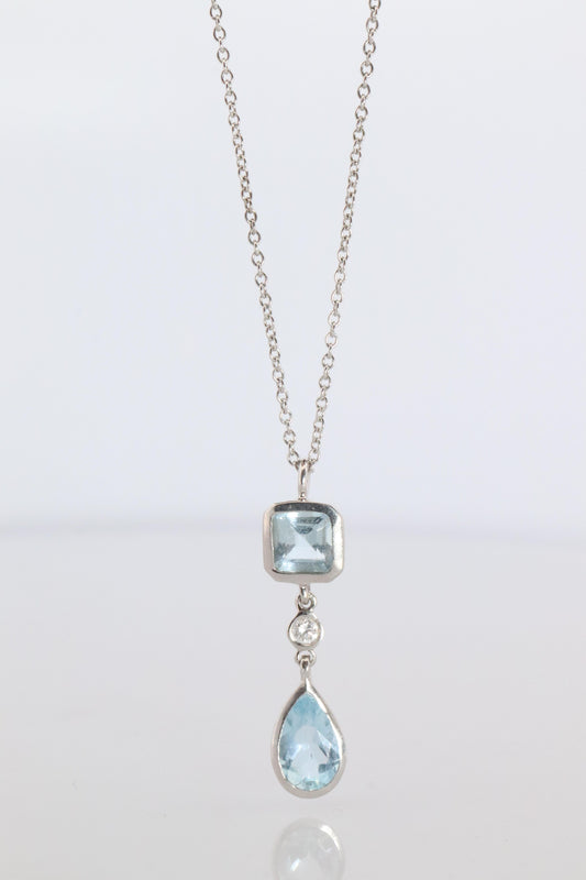 Genuine Tiffany and Co Aquamarine Necklace. 18k WG Tiffany Aqua Diamond Pendant
