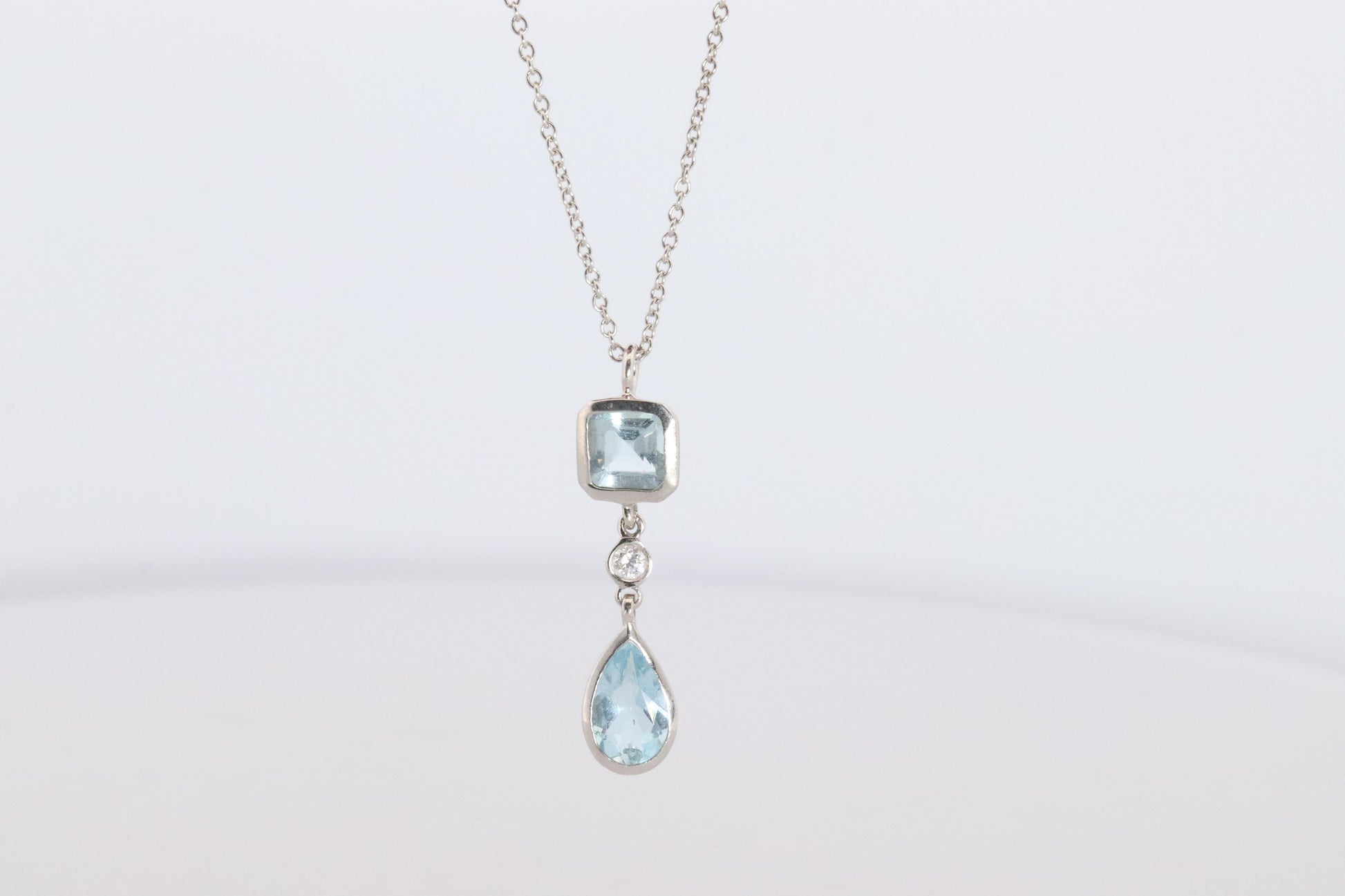 Genuine Tiffany and Co Aquamarine Necklace. 18k WG Tiffany Aqua Diamond Pendant