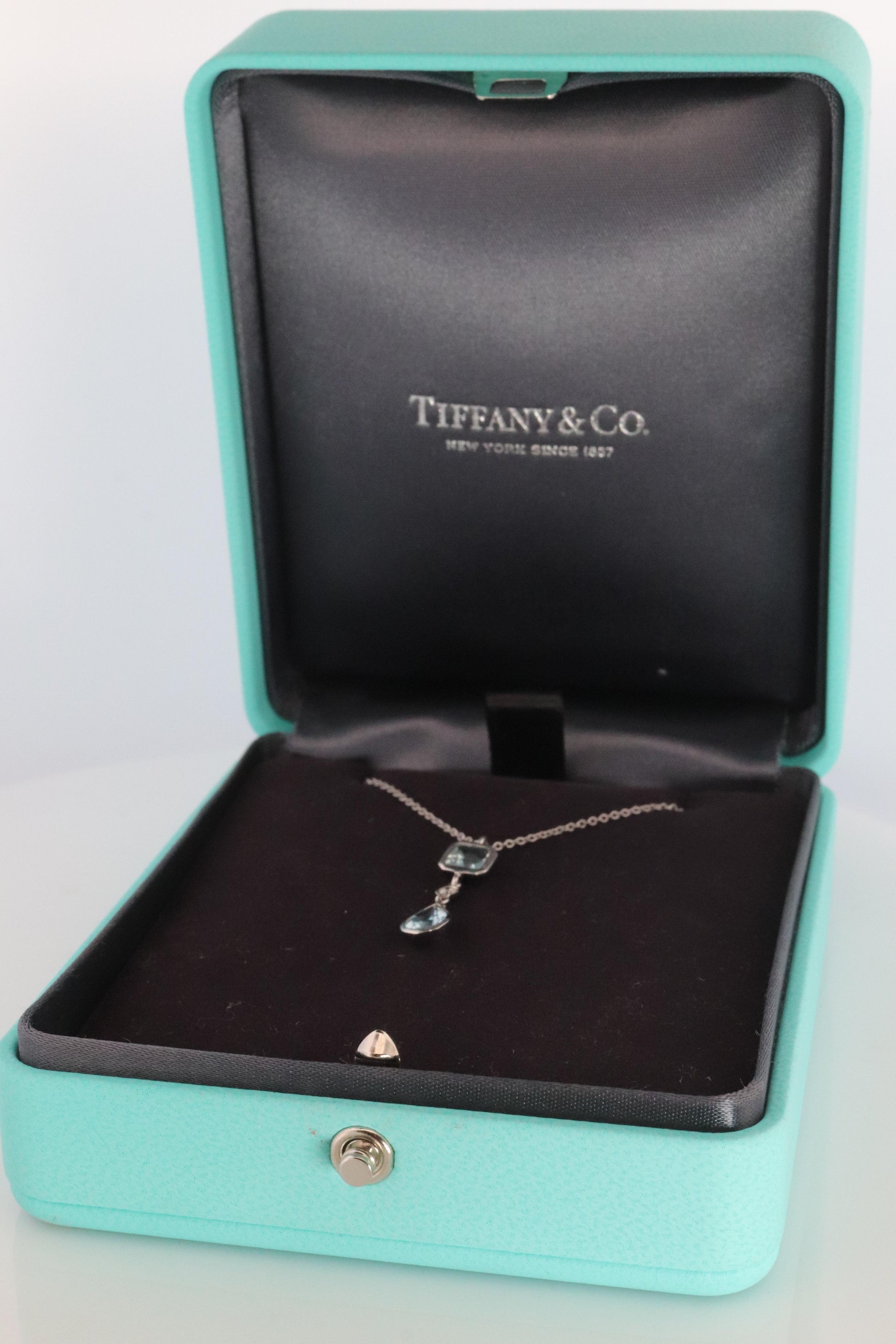 Genuine Tiffany and Co Aquamarine Necklace. 18k WG Tiffany Aqua Diamond Pendant