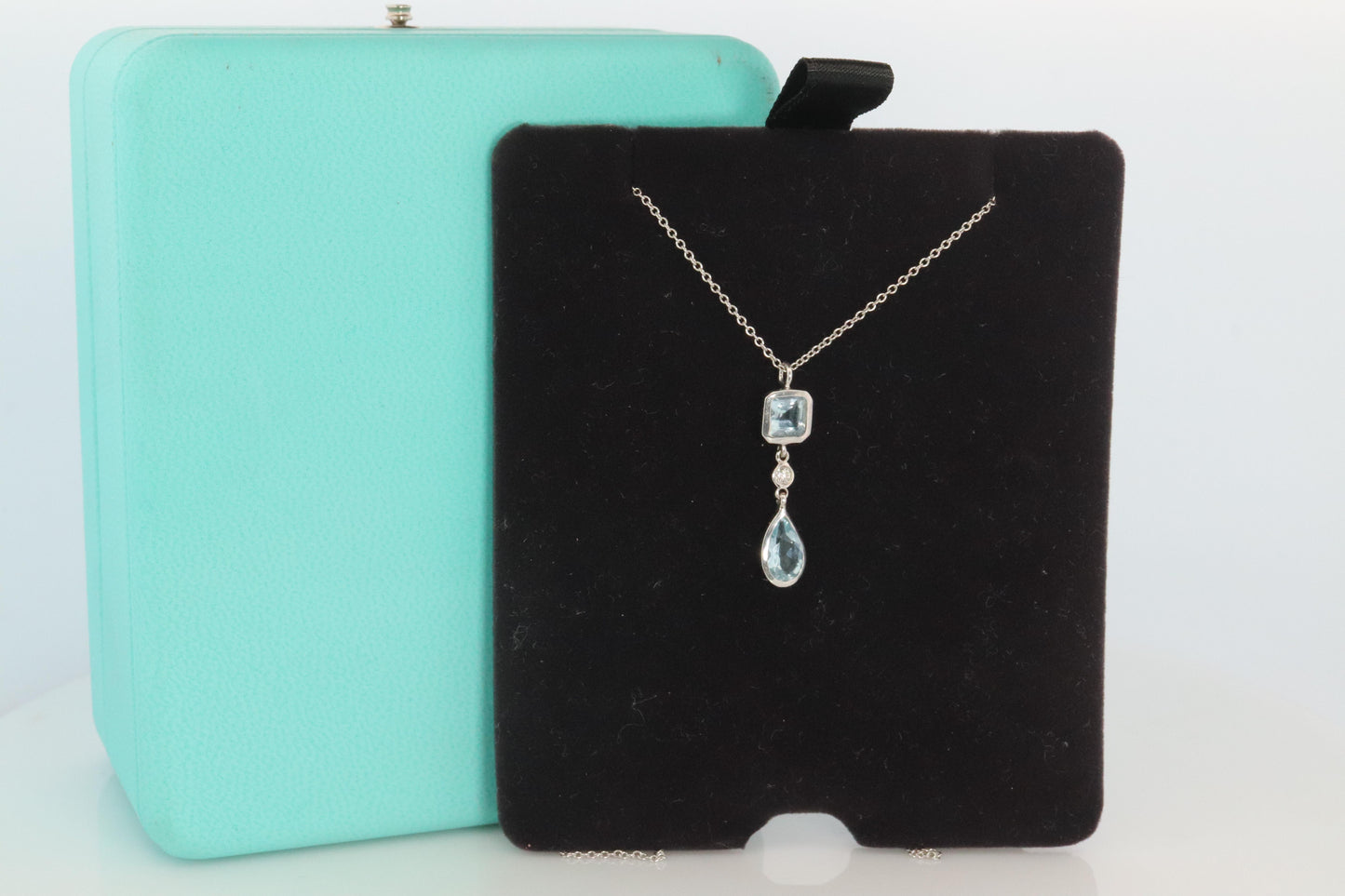 Genuine Tiffany and Co Aquamarine Necklace. 18k WG Tiffany Aqua Diamond Pendant