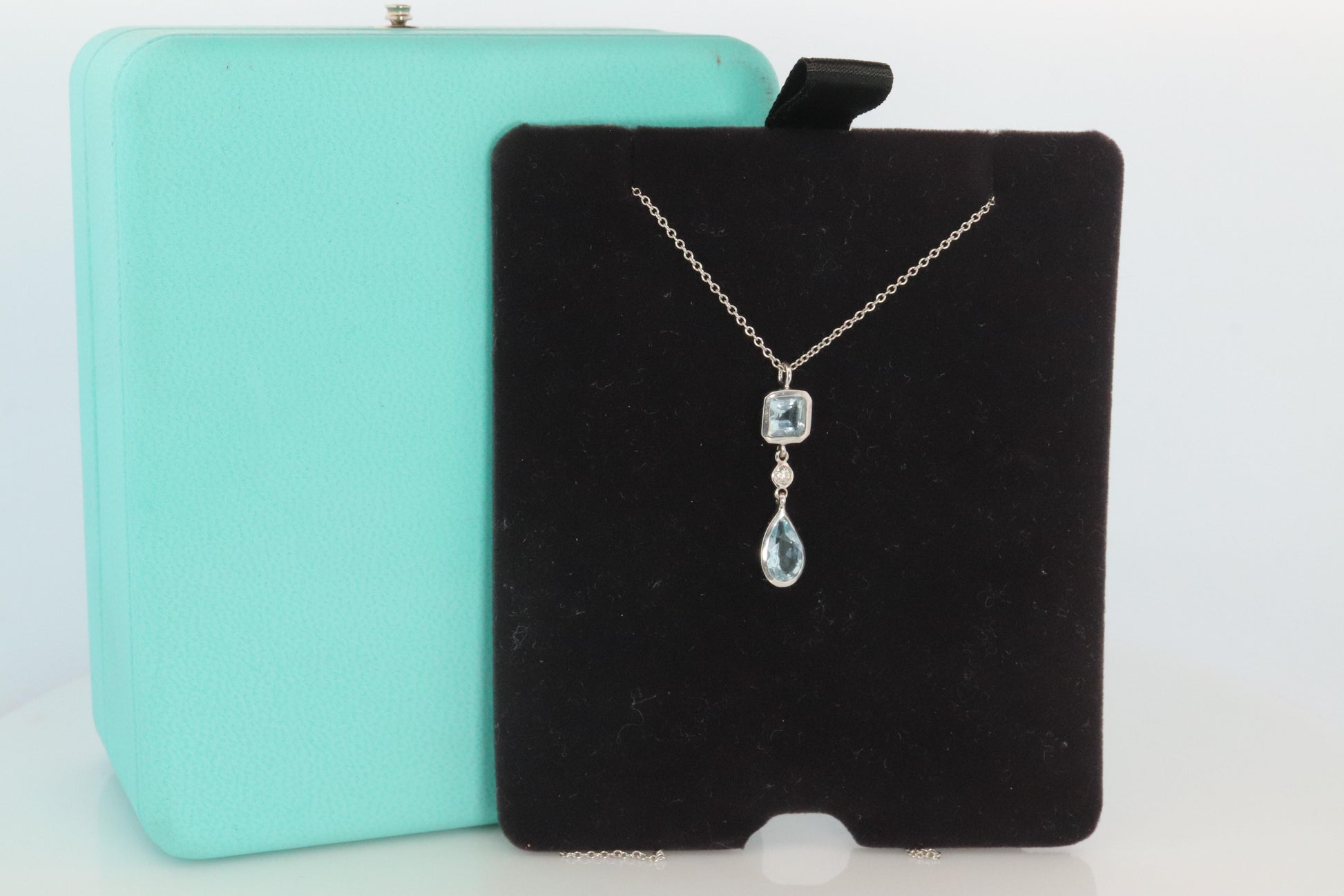 Genuine Tiffany and Co Aquamarine Necklace. 18k WG Tiffany Aqua Diamond Pendant
