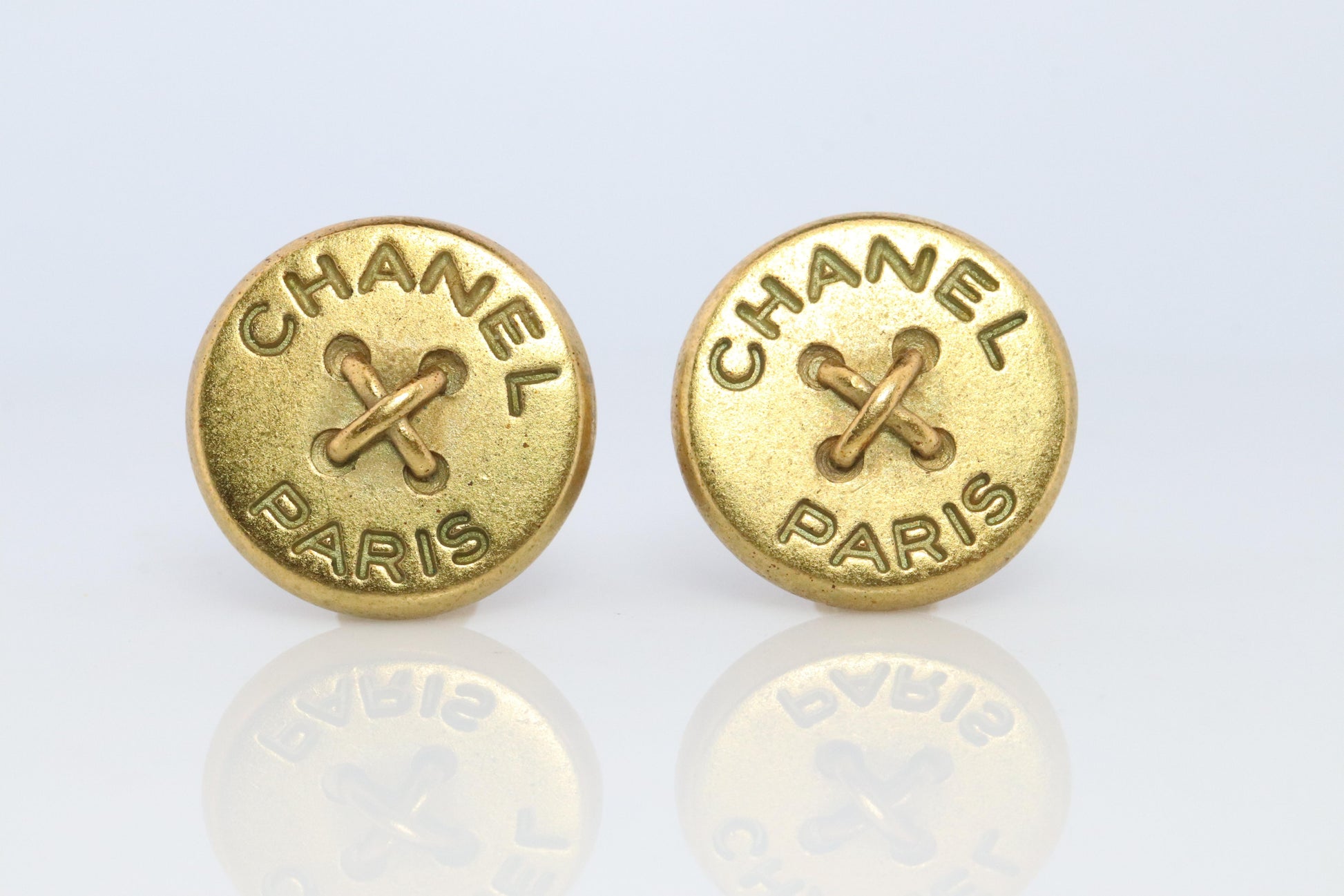Chanel Earrings. Genuine CC CHANEL Round LOGO Clip on earrings Stitched Buttons