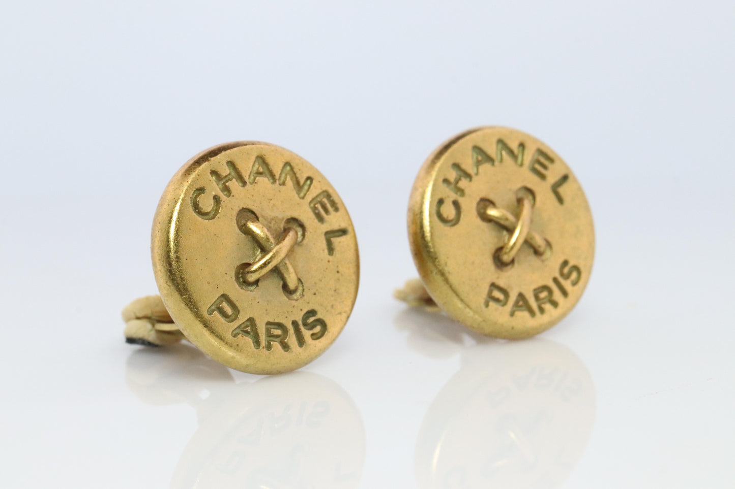 Chanel Earrings. Genuine CC CHANEL Round LOGO Clip on earrings Stitched Buttons