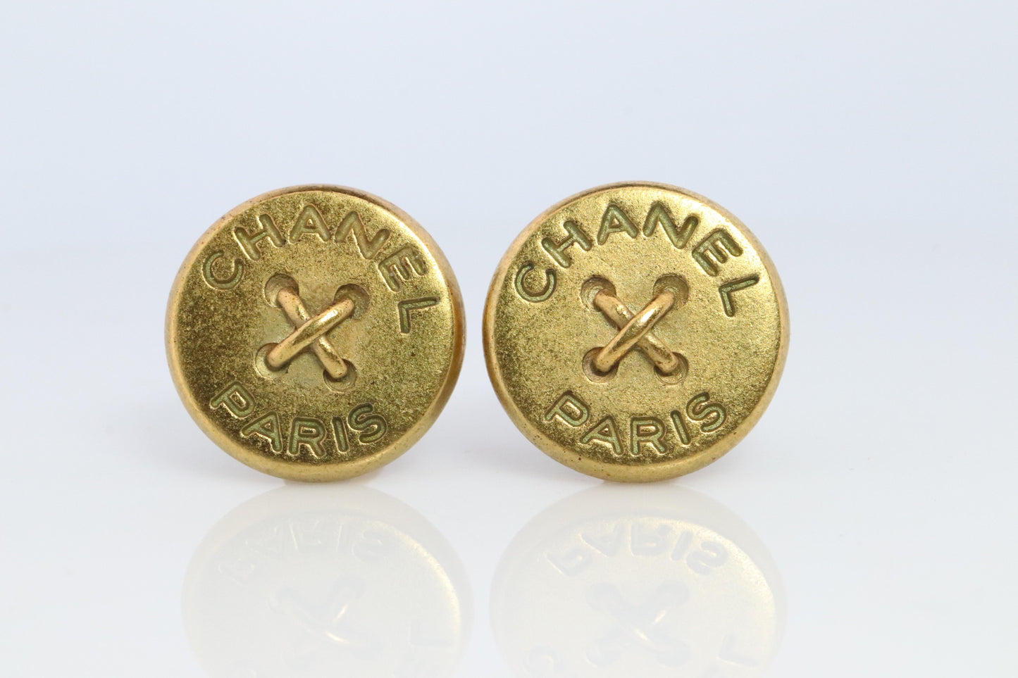 Chanel Earrings. Genuine CC CHANEL Round LOGO Clip on earrings Stitched Buttons