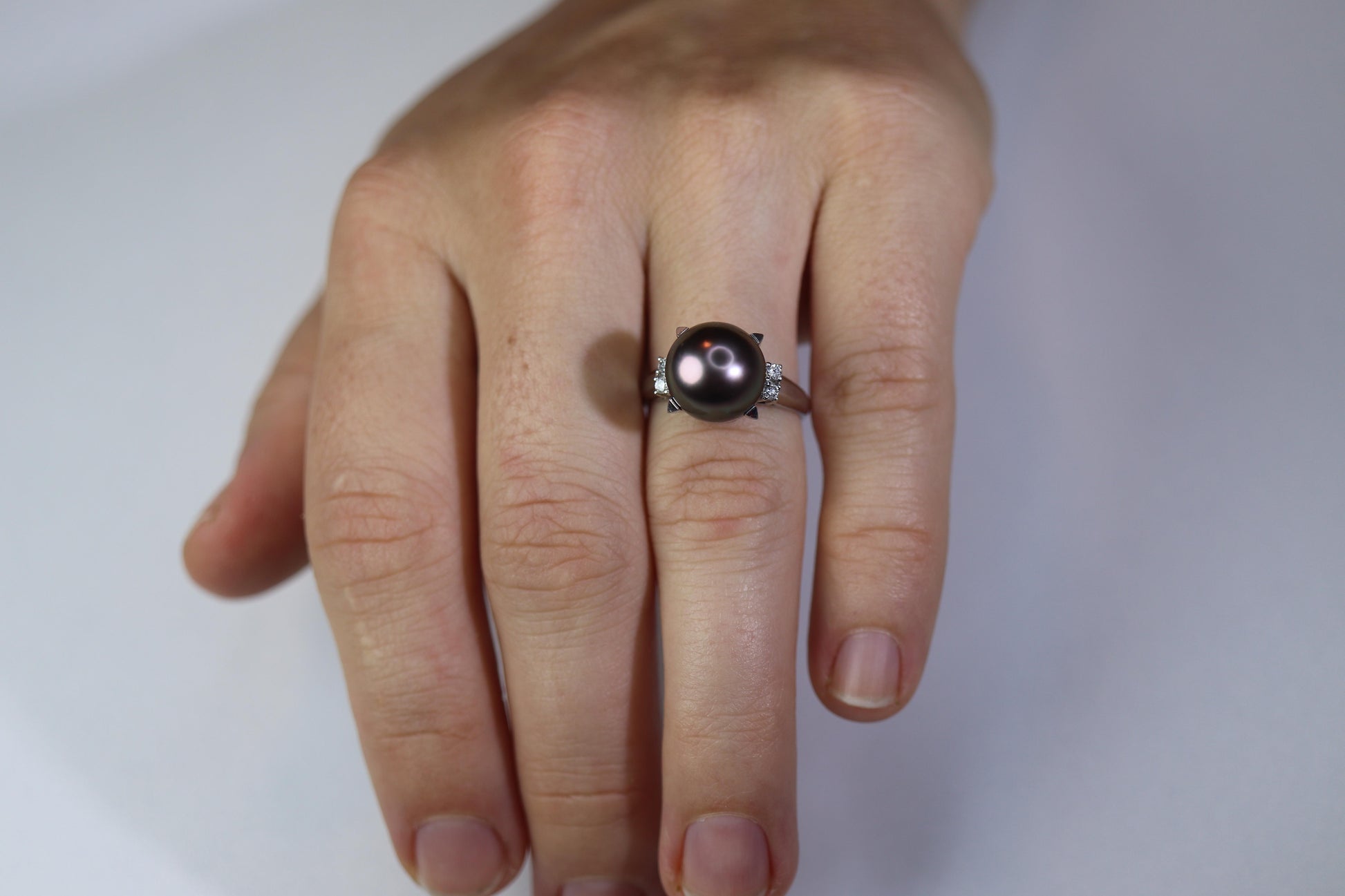 TASAKI Ring. Genuine Tahitian Pearl Solitaire and Diamond. PT900 Large Tahitian.