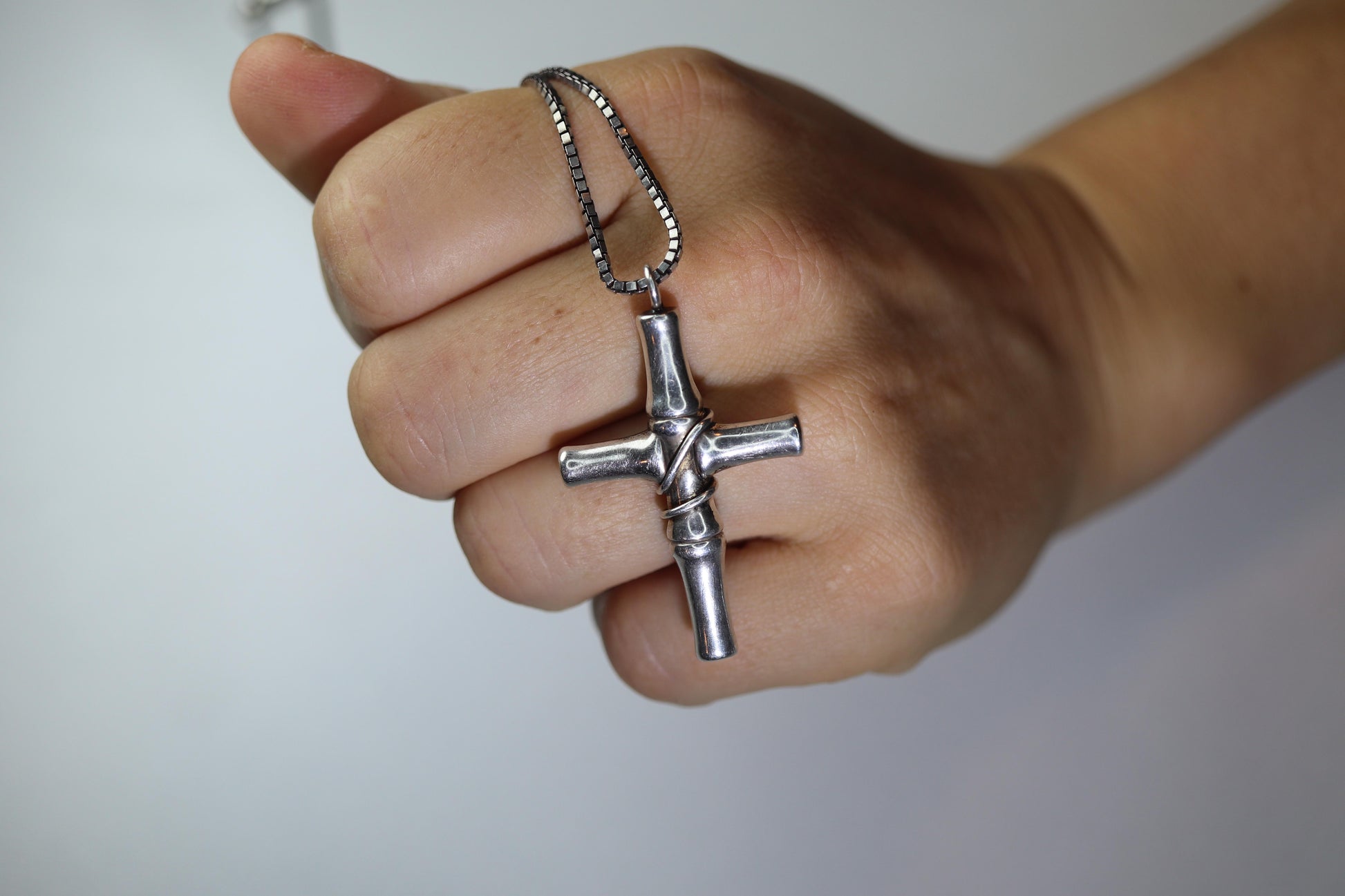 Vintage GUCCI Necklace. Bamboo Cross Gucci Logo Sterling Silver Pendant