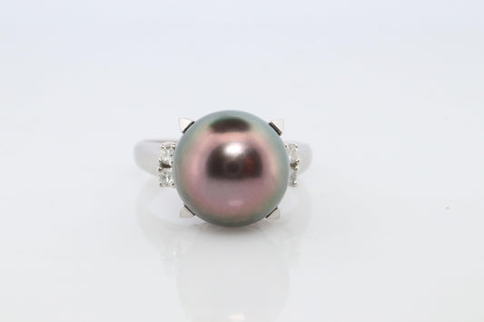 TASAKI Ring. Genuine Tahitian Pearl Solitaire and Diamond. PT900 Large Tahitian.