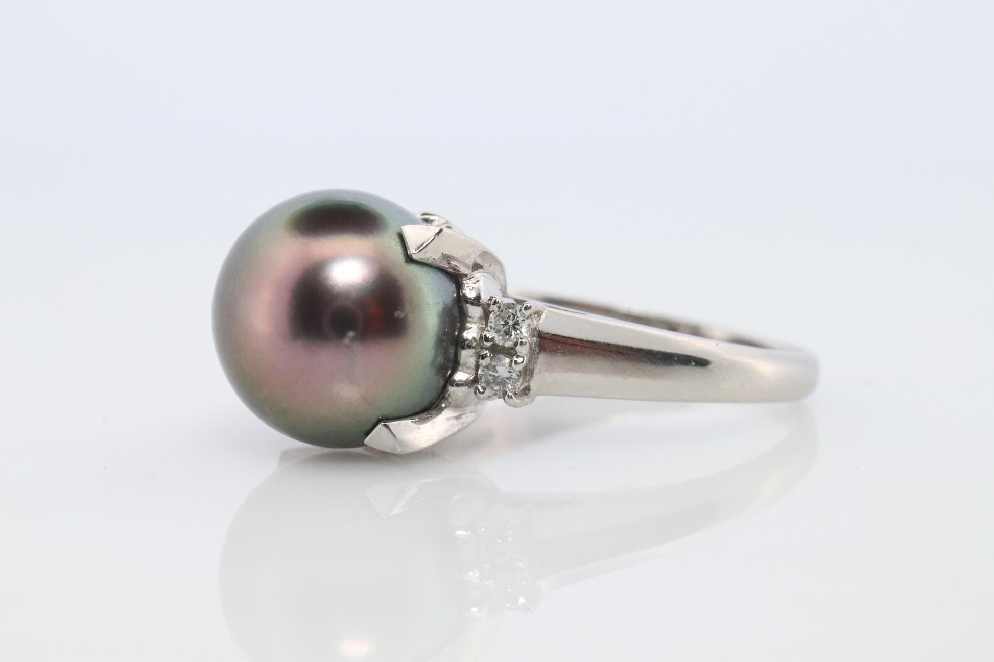 TASAKI Ring. Genuine Tahitian Pearl Solitaire and Diamond. PT900 Large Tahitian.