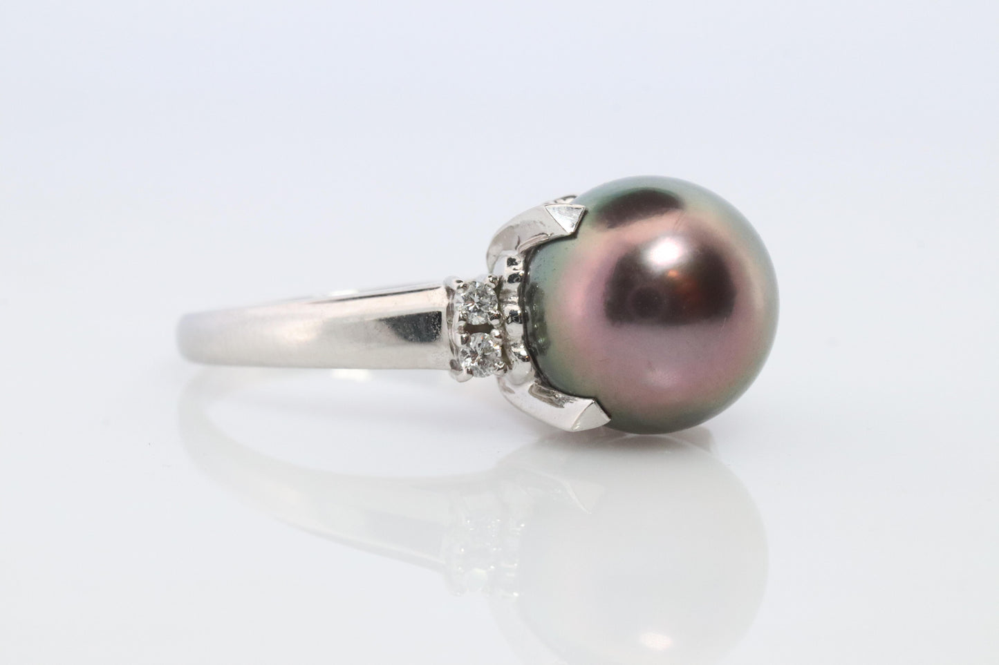 TASAKI Ring. Genuine Tahitian Pearl Solitaire and Diamond. PT900 Large Tahitian.