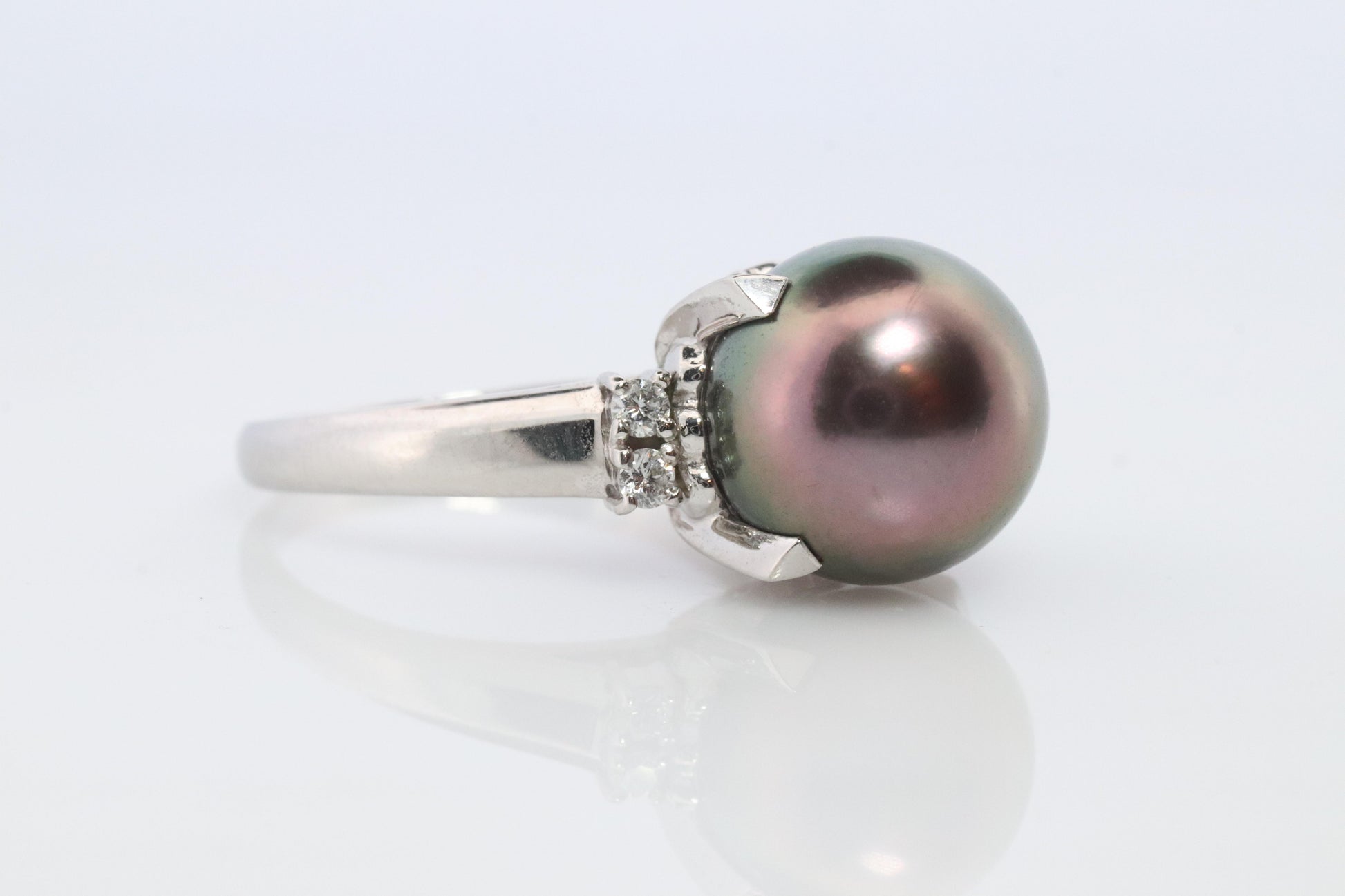 TASAKI Ring. Genuine Tahitian Pearl Solitaire and Diamond. PT900 Large Tahitian.