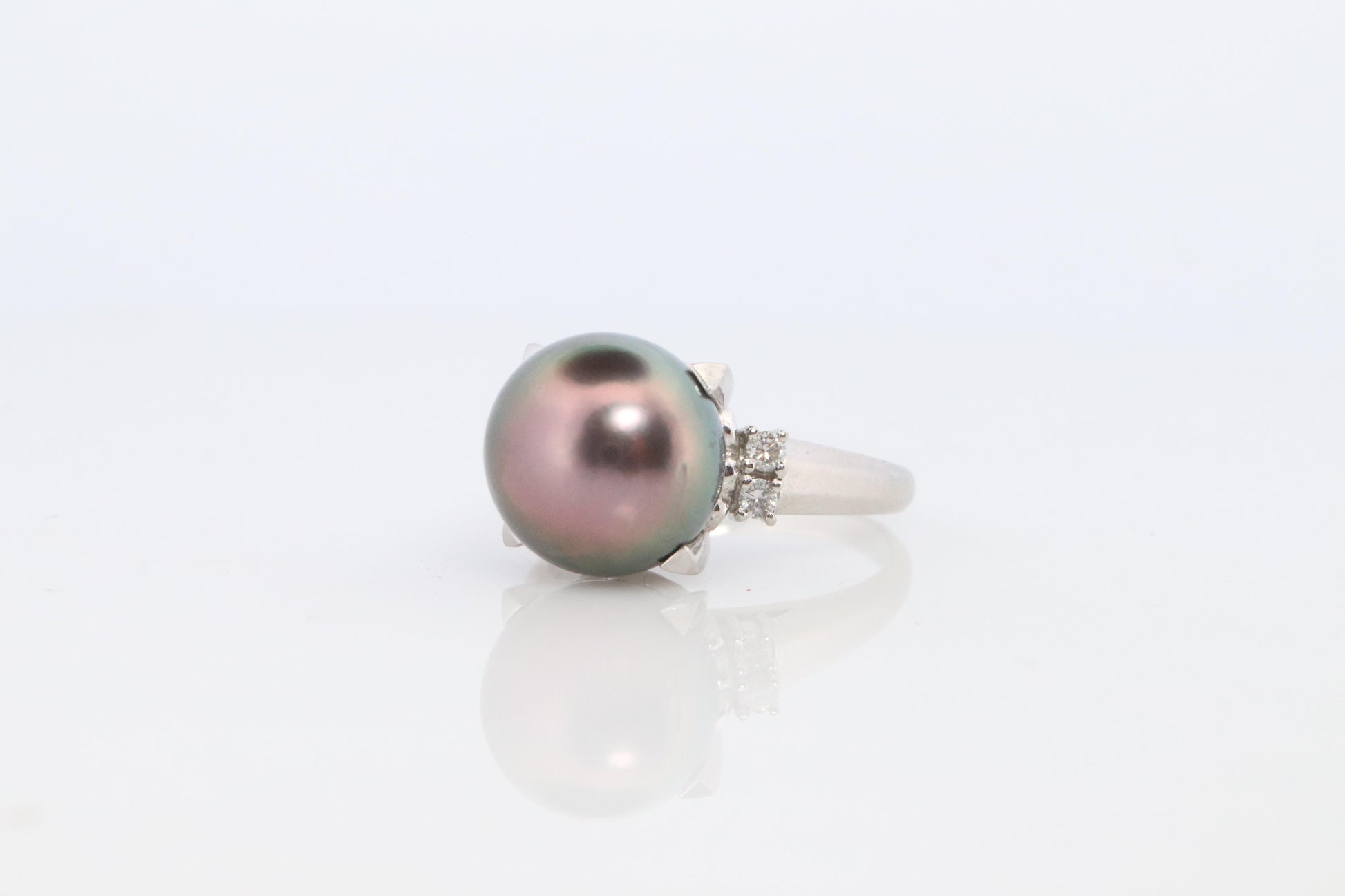 TASAKI Ring. Genuine Tahitian Pearl Solitaire and Diamond. PT900 Large Tahitian.