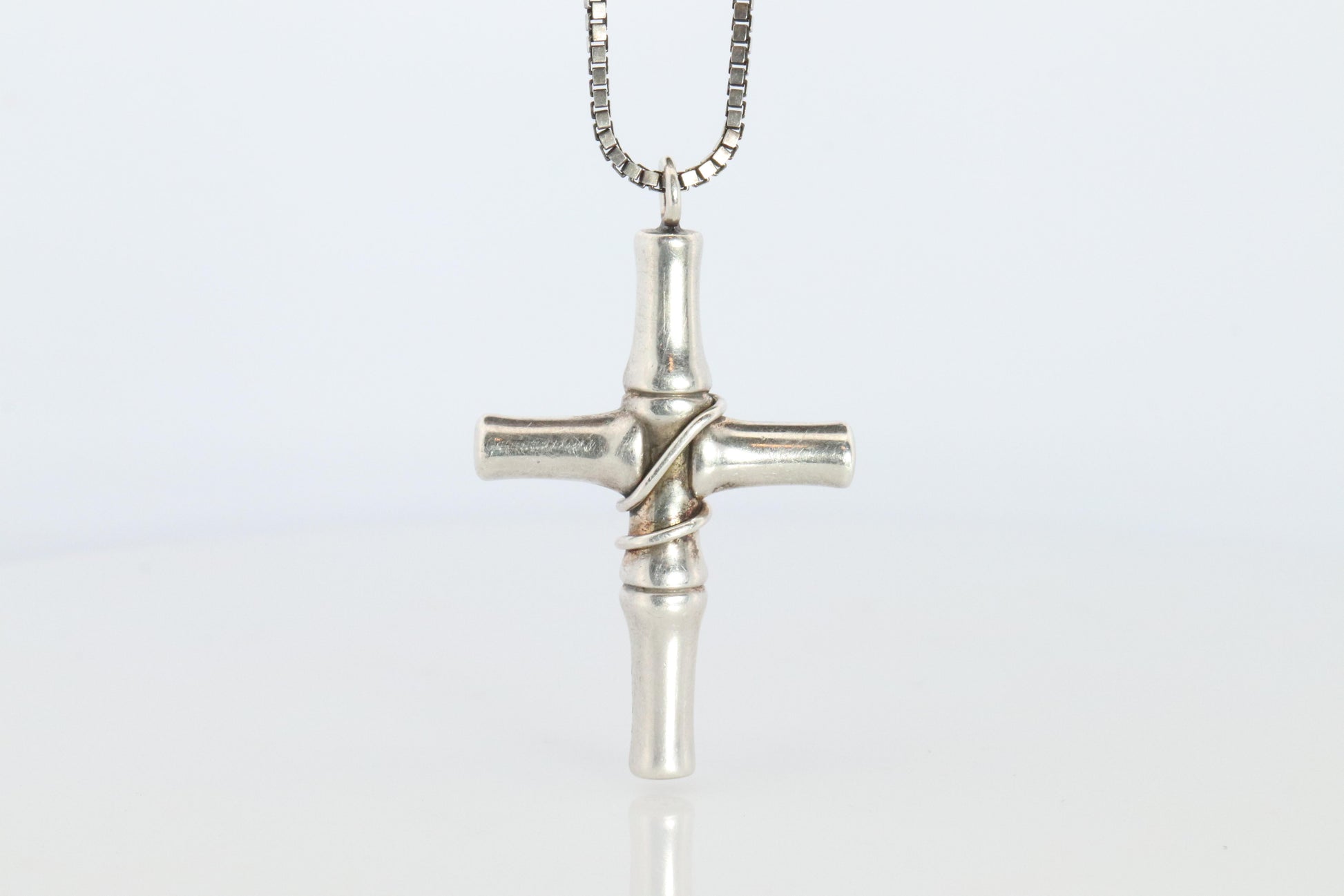 Vintage GUCCI Necklace. Bamboo Cross Gucci Logo Sterling Silver Pendant
