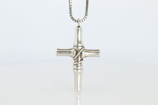 Vintage GUCCI Necklace. Bamboo Cross Gucci Logo Sterling Silver Pendant