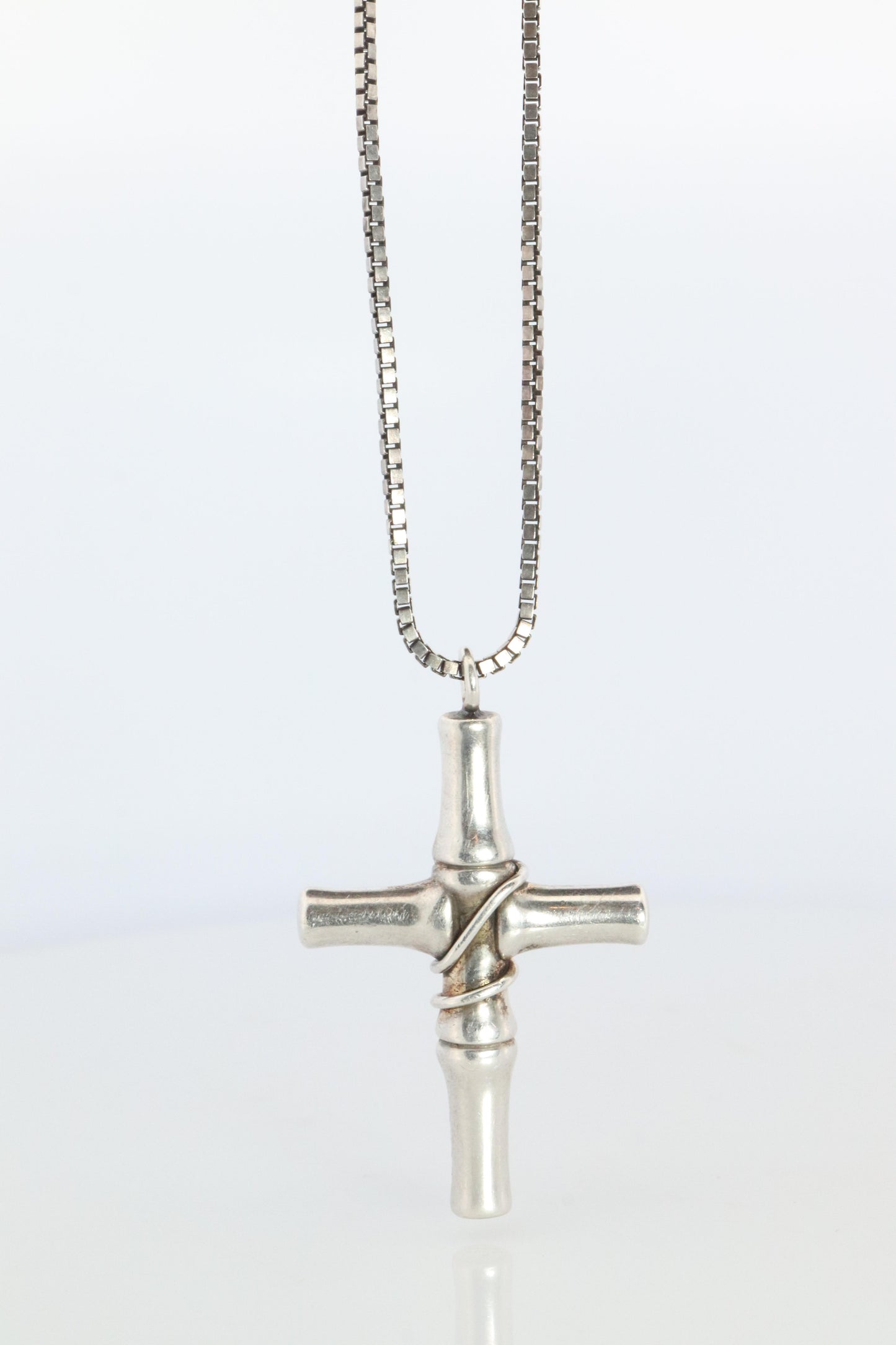Vintage GUCCI Necklace. Bamboo Cross Gucci Logo Sterling Silver Pendant