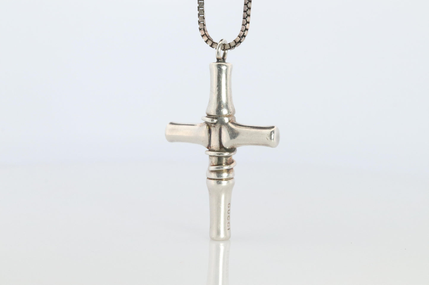 Vintage GUCCI Necklace. Bamboo Cross Gucci Logo Sterling Silver Pendant