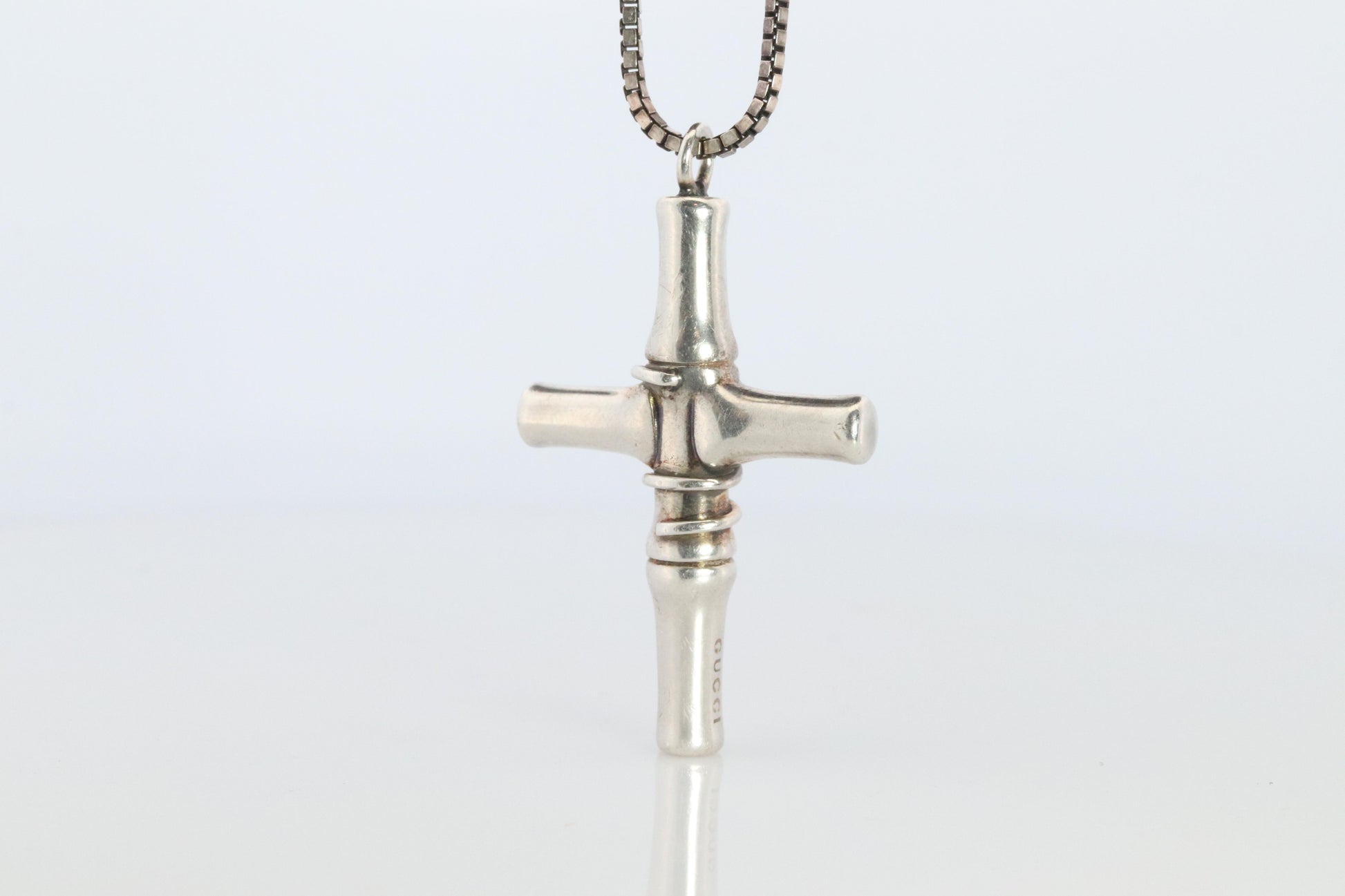 Vintage GUCCI Necklace. Bamboo Cross Gucci Logo Sterling Silver Pendant