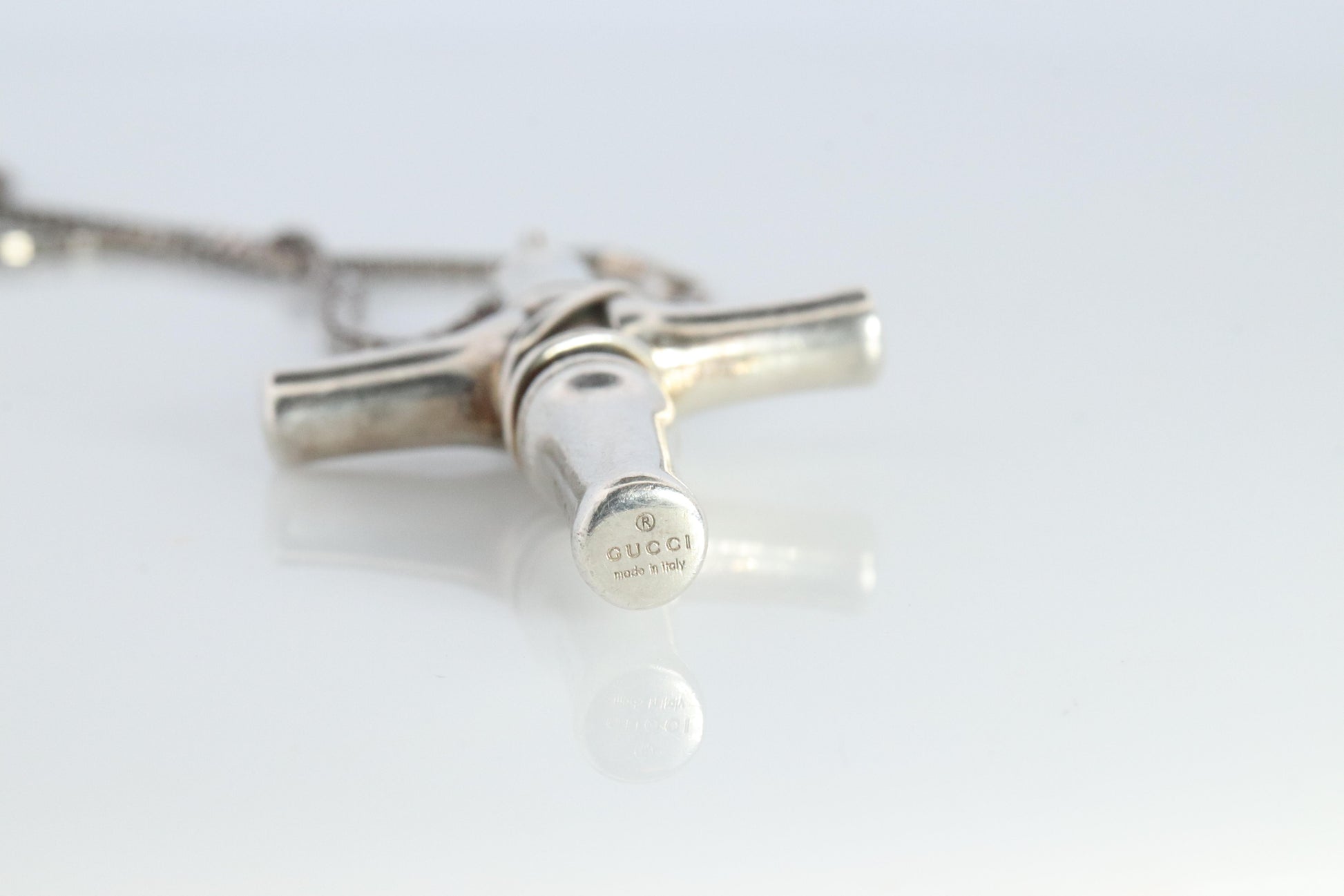 Vintage GUCCI Necklace. Bamboo Cross Gucci Logo Sterling Silver Pendant