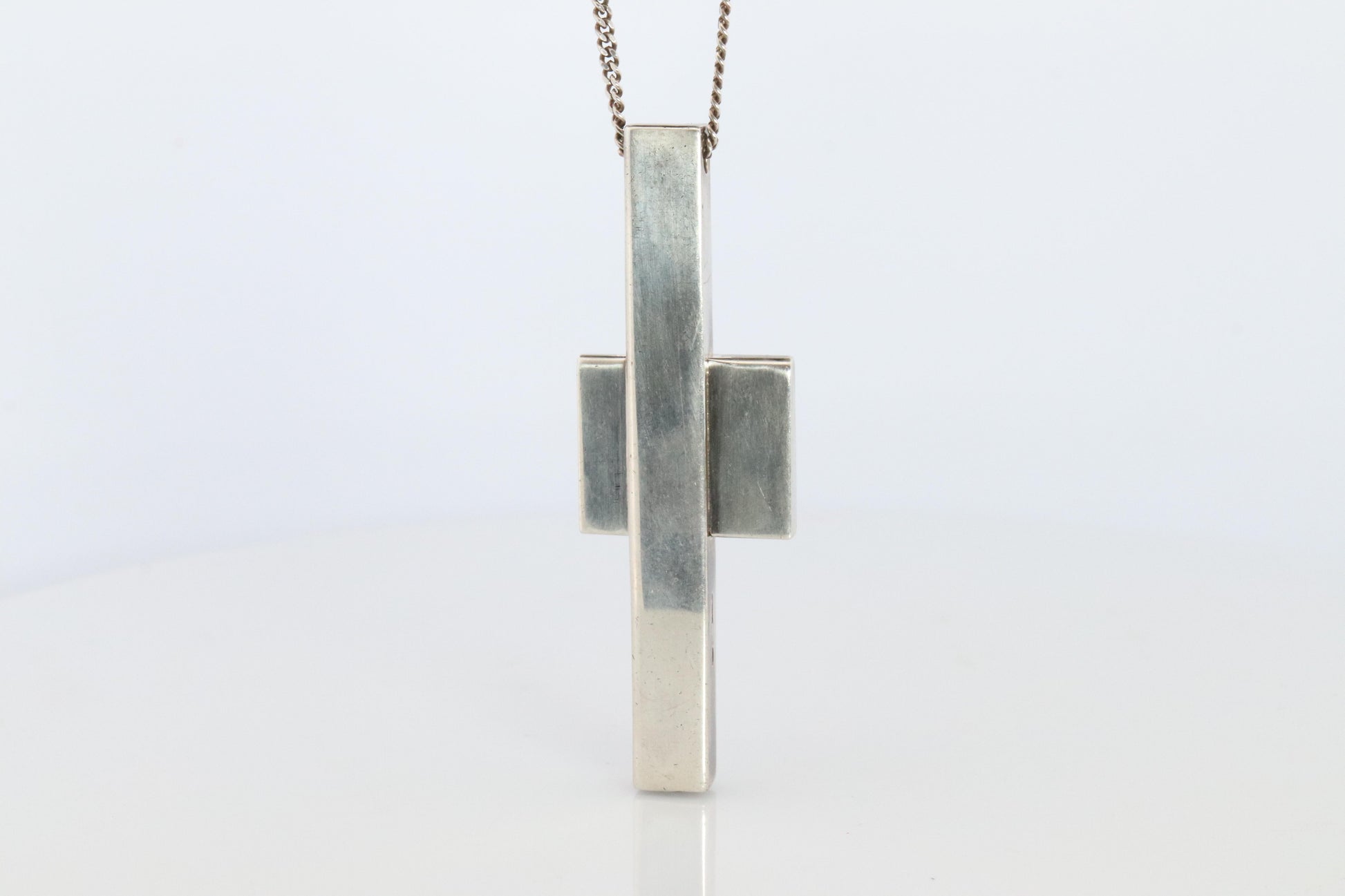 Vintage GUCCI Necklace. Geometric Cross Gucci Logo Sterling Silver Pendant