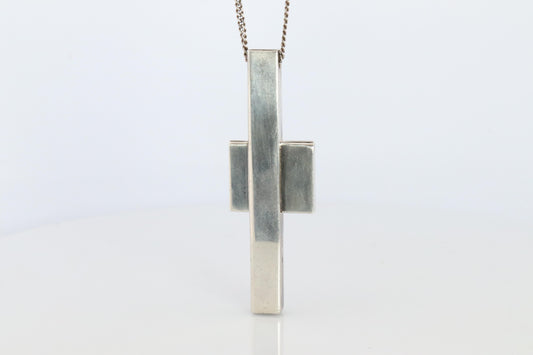 Vintage GUCCI Necklace. Geometric Cross Gucci Logo Sterling Silver Pendant