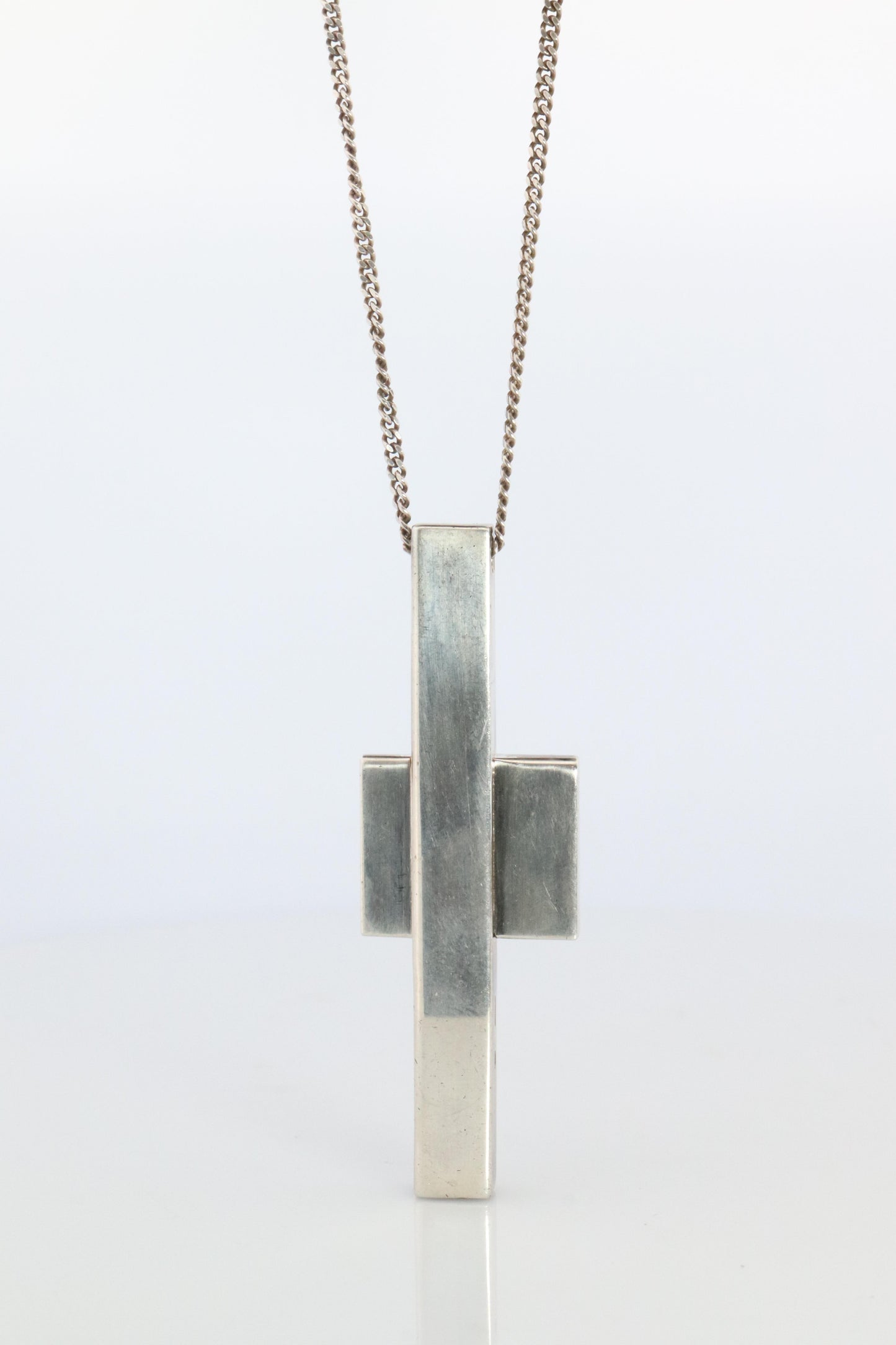 Vintage GUCCI Necklace. Geometric Cross Gucci Logo Sterling Silver Pendant