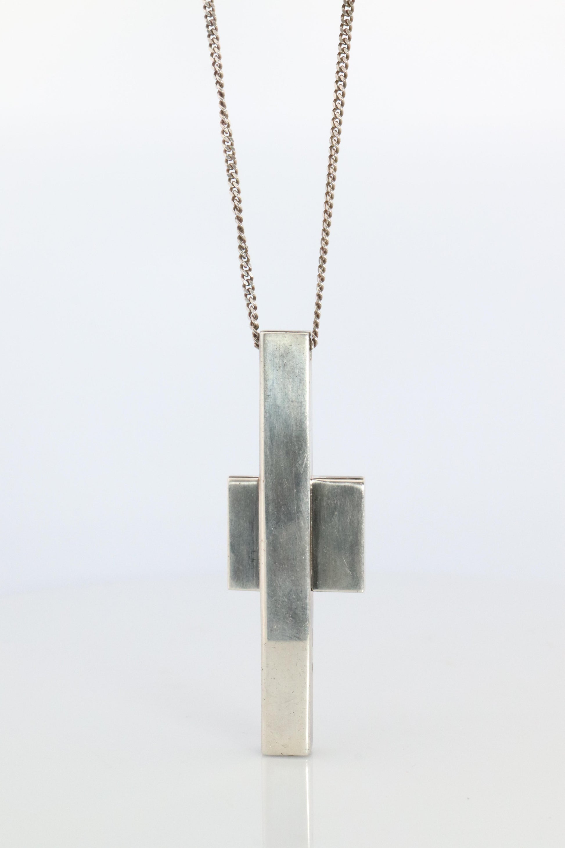 Vintage GUCCI Necklace. Geometric Cross Gucci Logo Sterling Silver Pendant