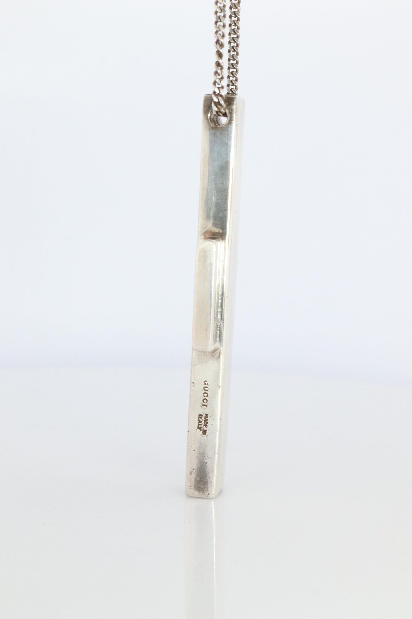Vintage GUCCI Necklace. Geometric Cross Gucci Logo Sterling Silver Pendant