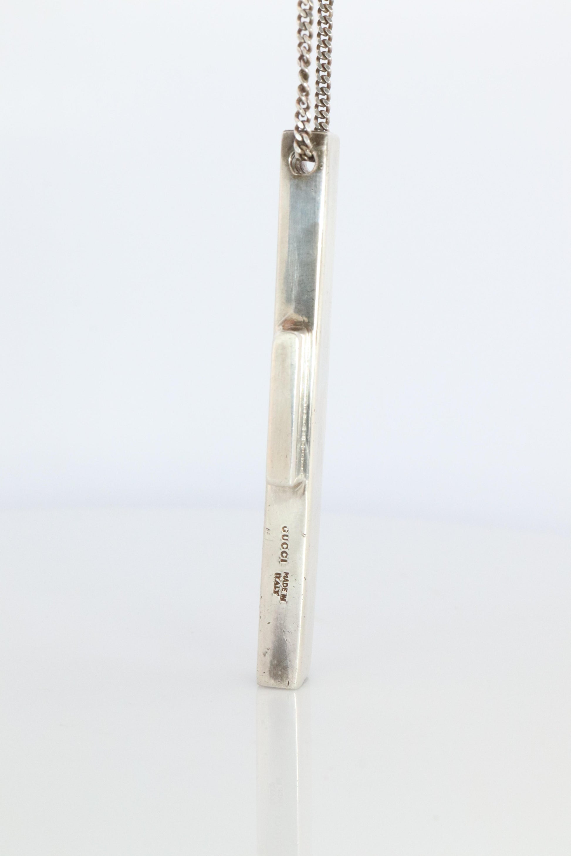 Vintage GUCCI Necklace. Geometric Cross Gucci Logo Sterling Silver Pendant