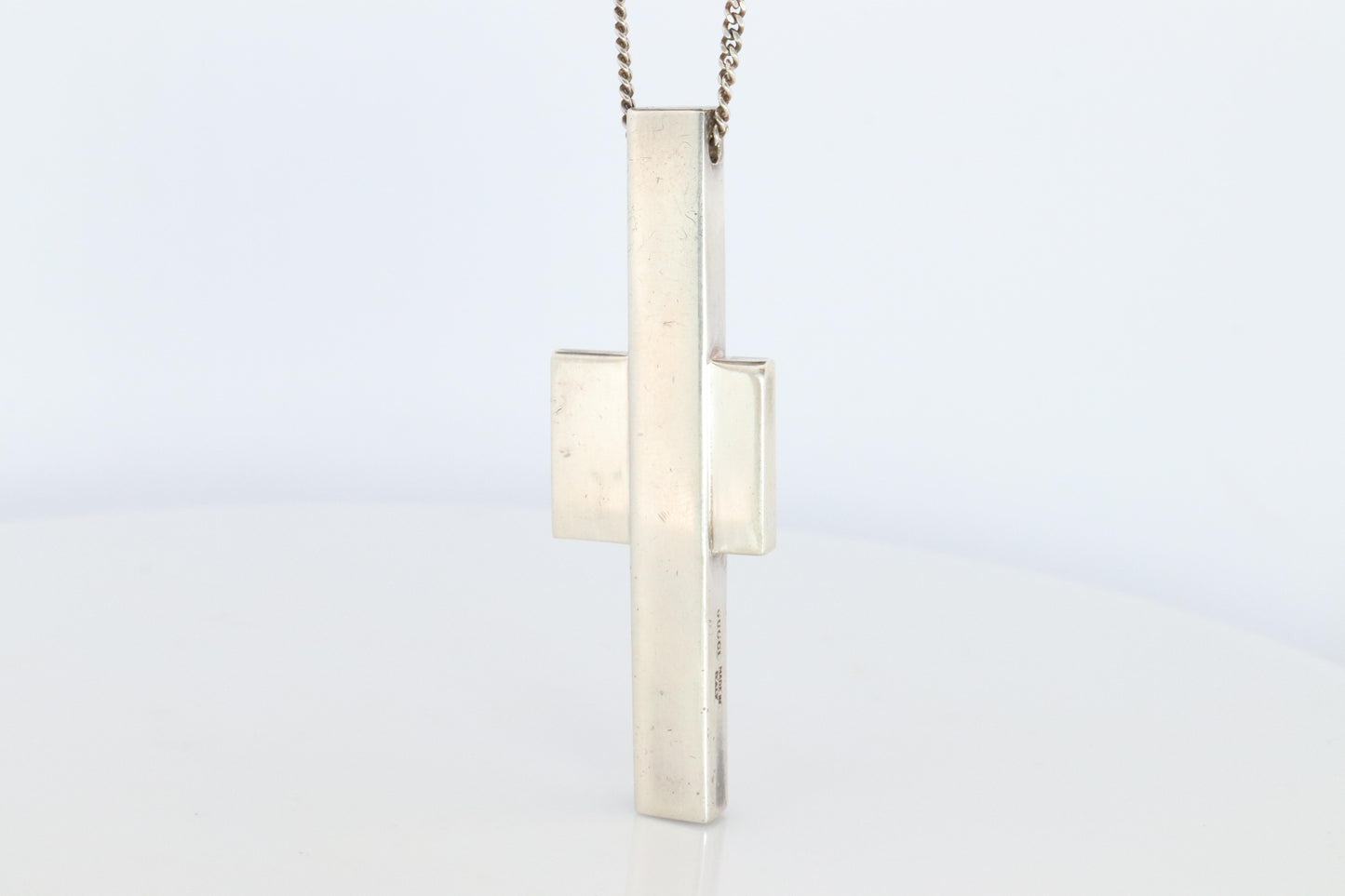 Vintage GUCCI Necklace. Geometric Cross Gucci Logo Sterling Silver Pendant
