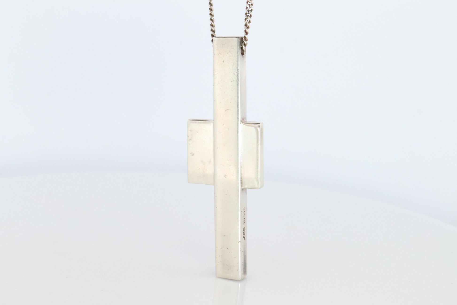 Vintage GUCCI Necklace. Geometric Cross Gucci Logo Sterling Silver Pendant