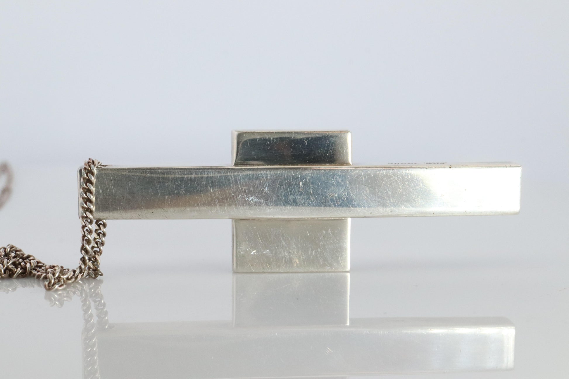 Vintage GUCCI Necklace. Geometric Cross Gucci Logo Sterling Silver Pendant