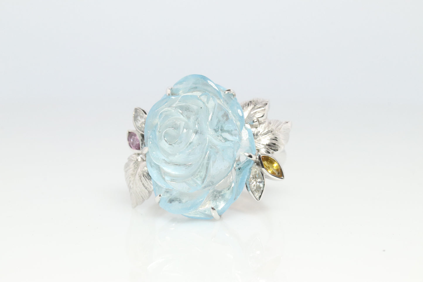 18k Aquamarine Sapphire ring. Carved Flower Aquamarine with Diamonds Sapphires