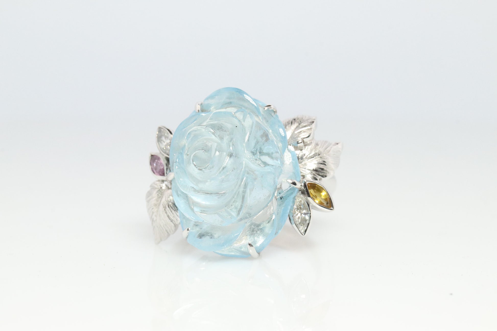 18k Aquamarine Sapphire ring. Carved Flower Aquamarine with Diamonds Sapphires